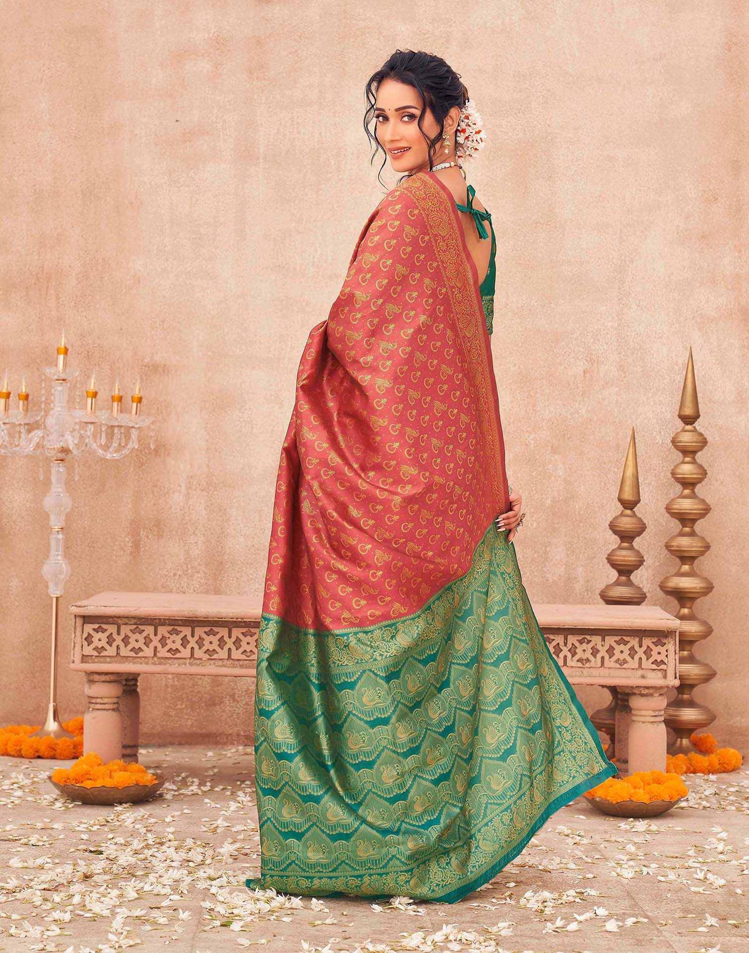 Coral Pink Shimmer Silk Woven Banarasi Saree - Image 6