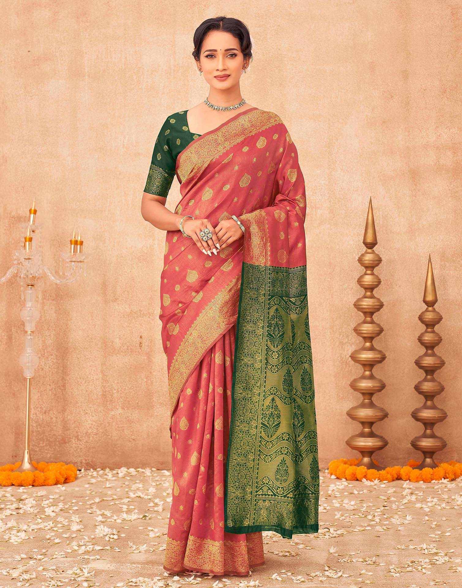 Coral Pink Shimmer Silk Woven Banarasi Saree - Image 2