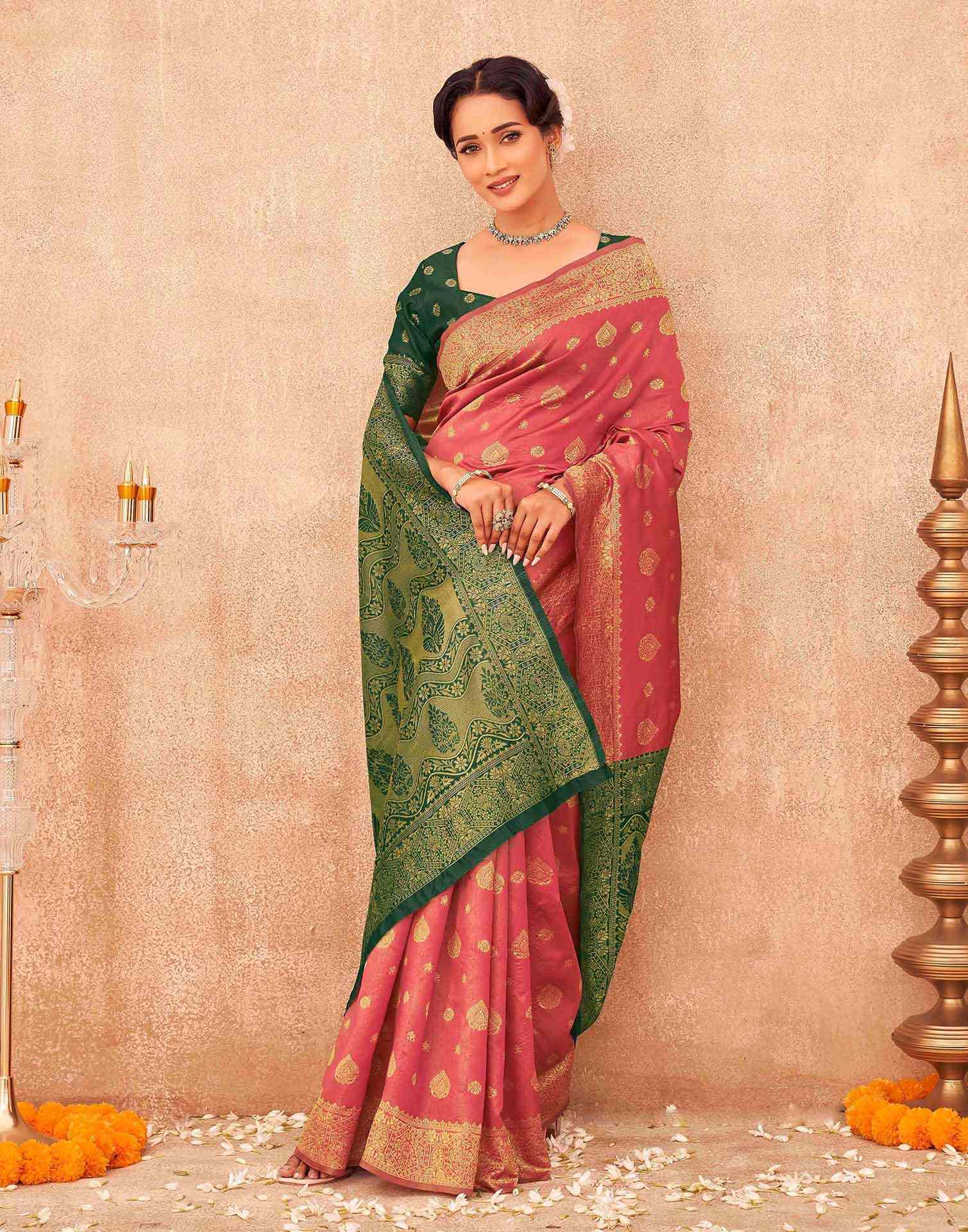 Coral Pink Shimmer Silk Woven Banarasi Saree - Image 5