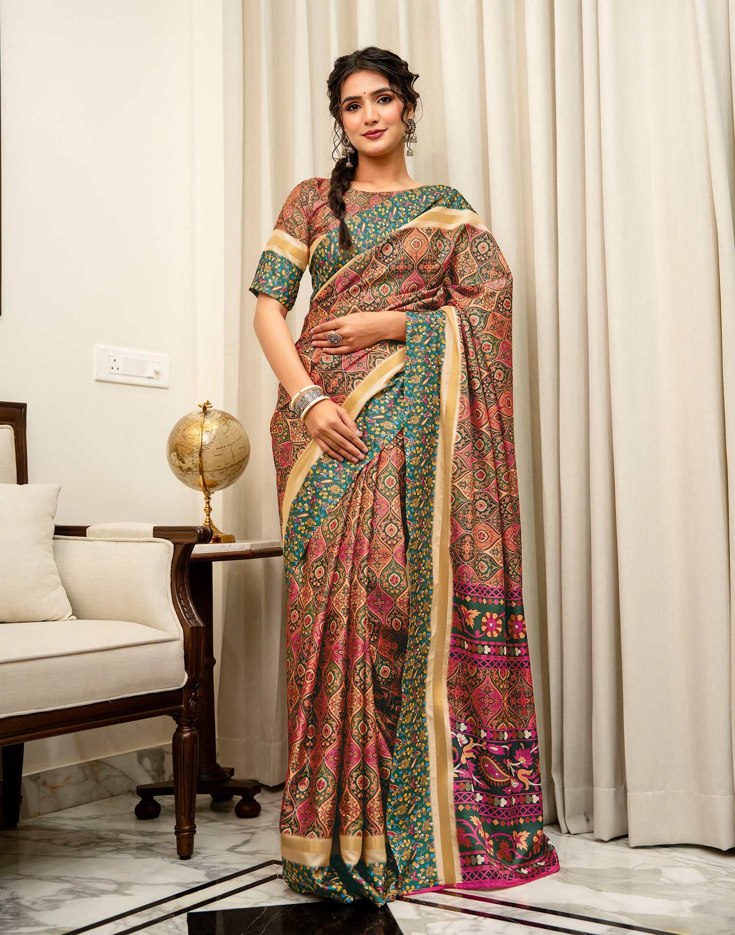 Coral Pink Silk Printed Saree - Image 2