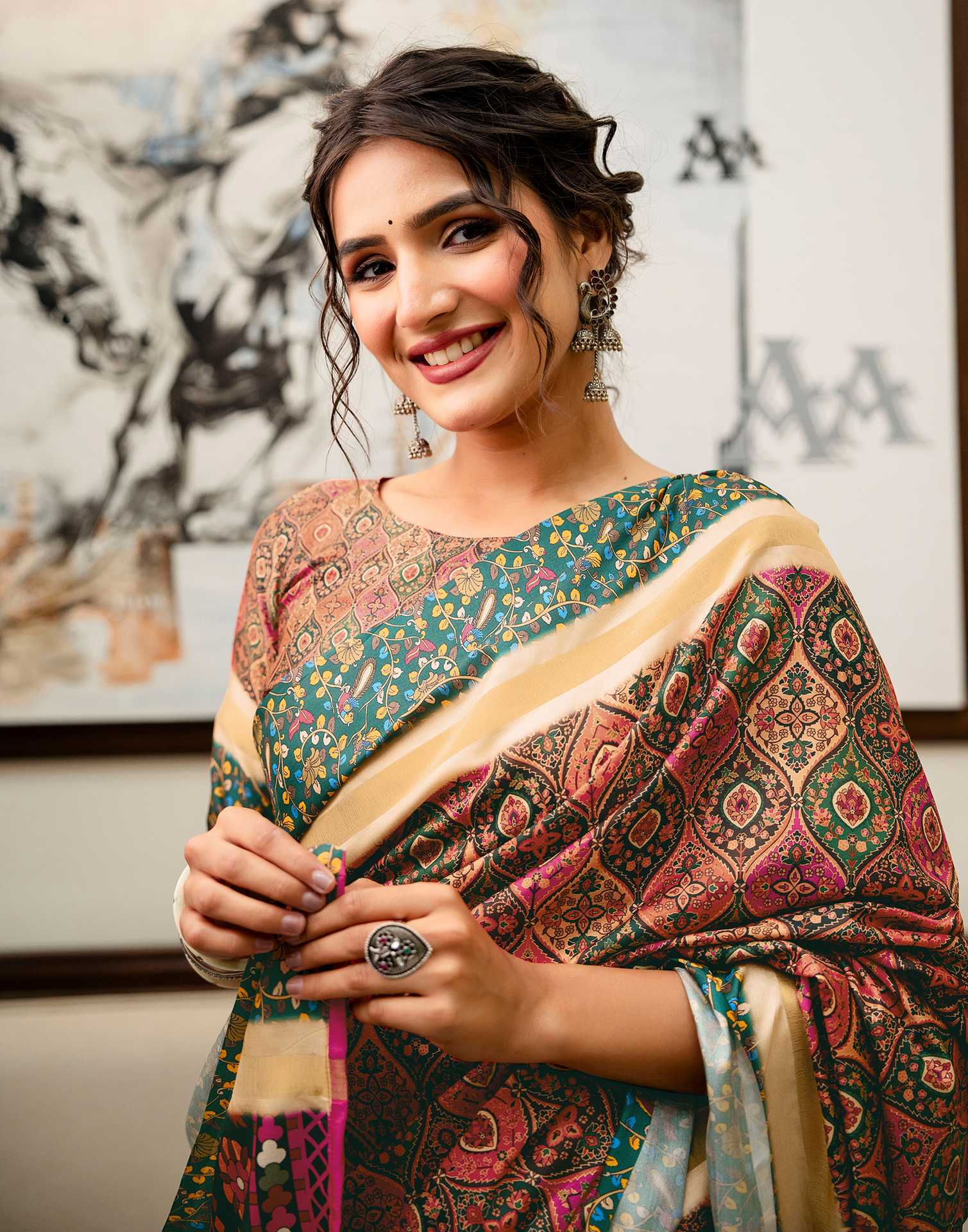 Coral Pink Silk Printed Saree - Image 3
