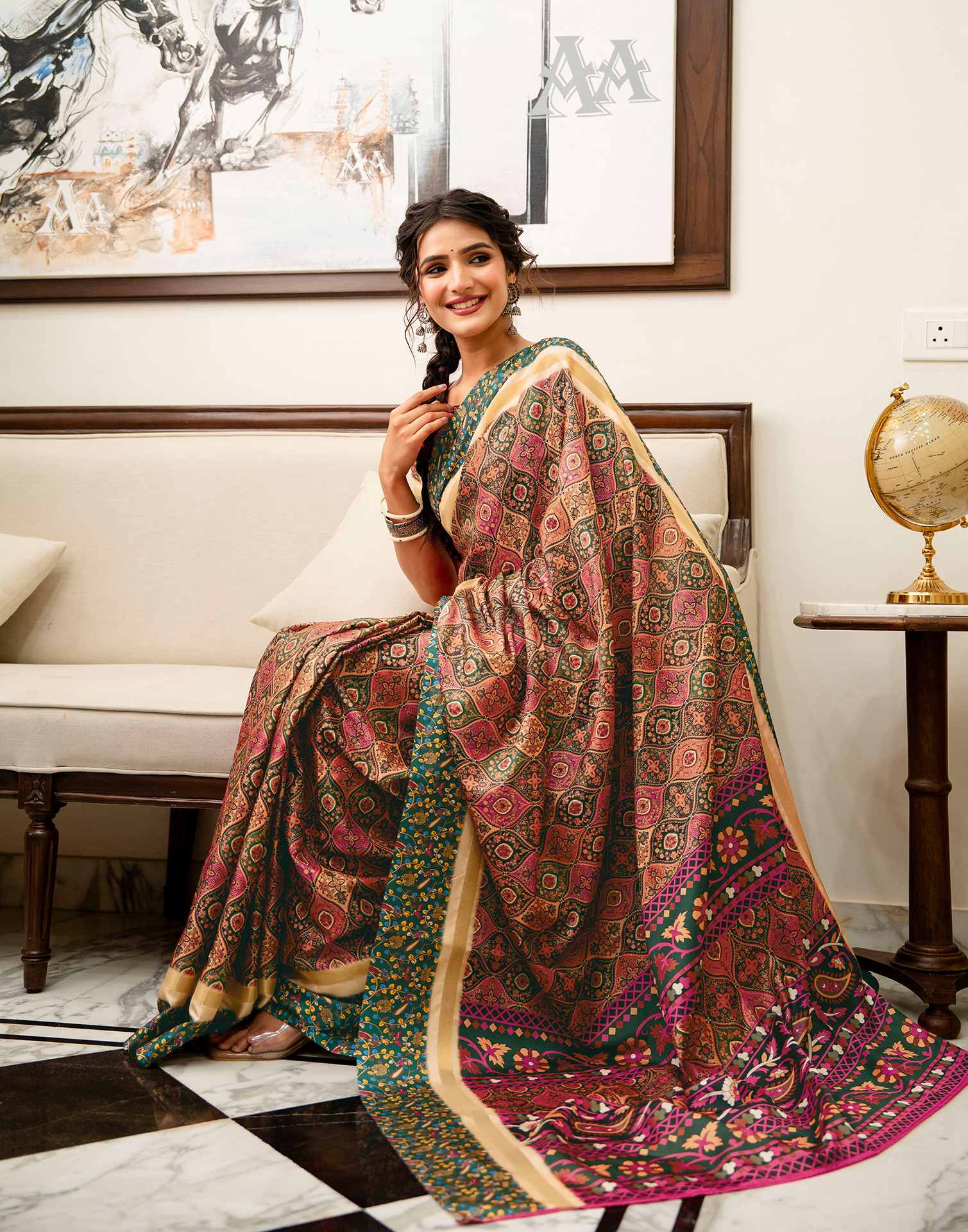 Coral Pink Silk Printed Saree - Image 6