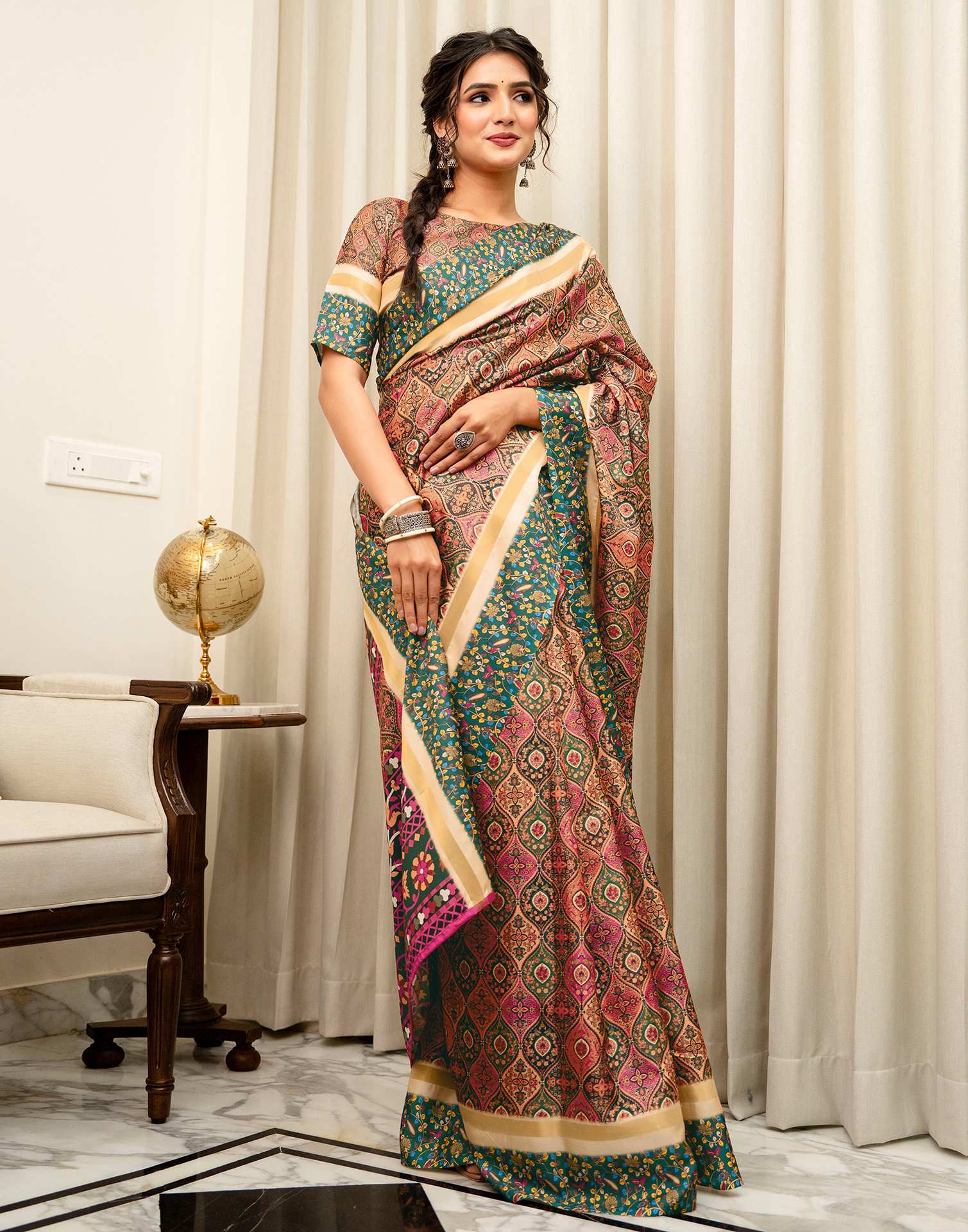 Coral Pink Silk Printed Saree - Image 7