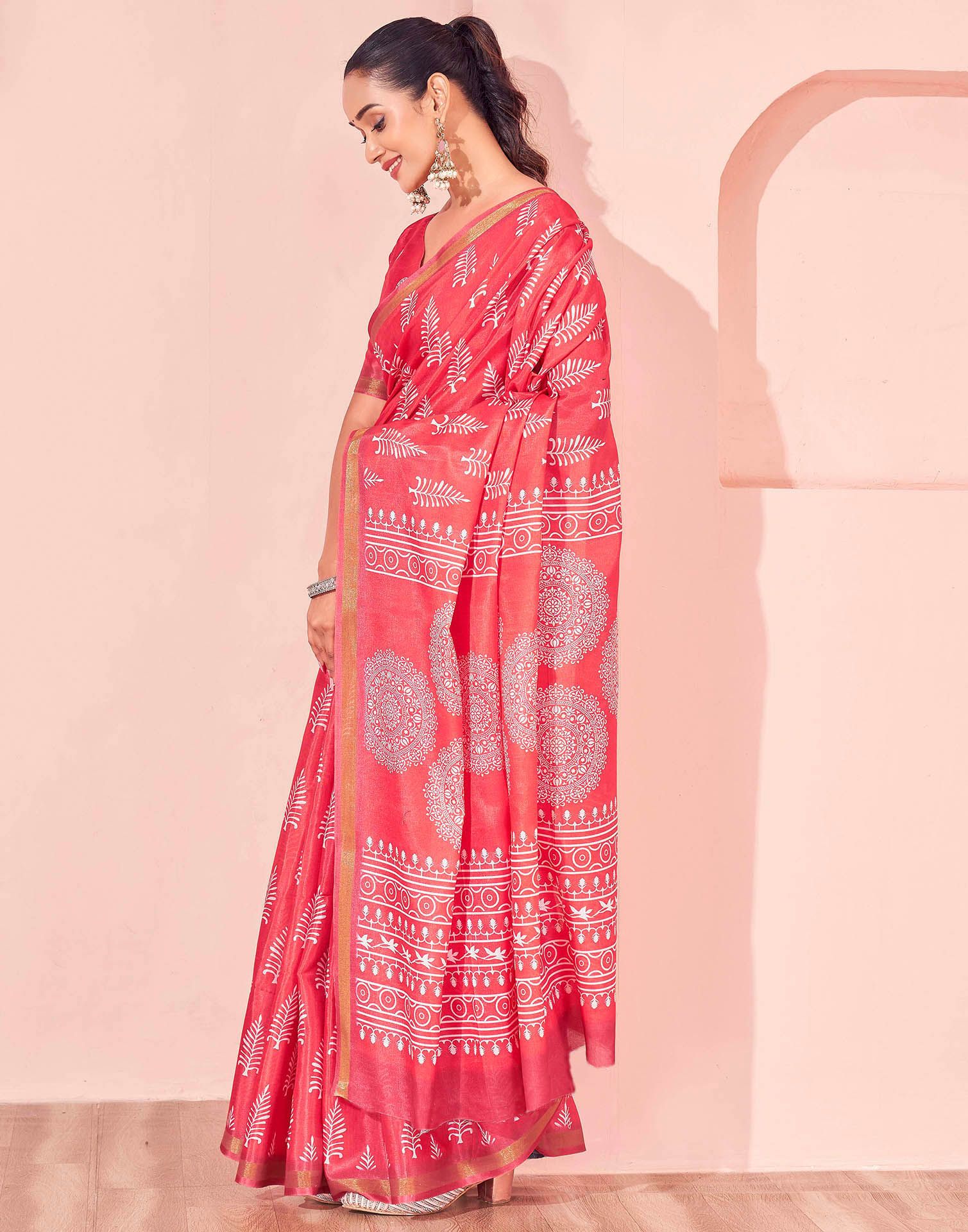 Coral Pink Silk Printed Saree - Image 5