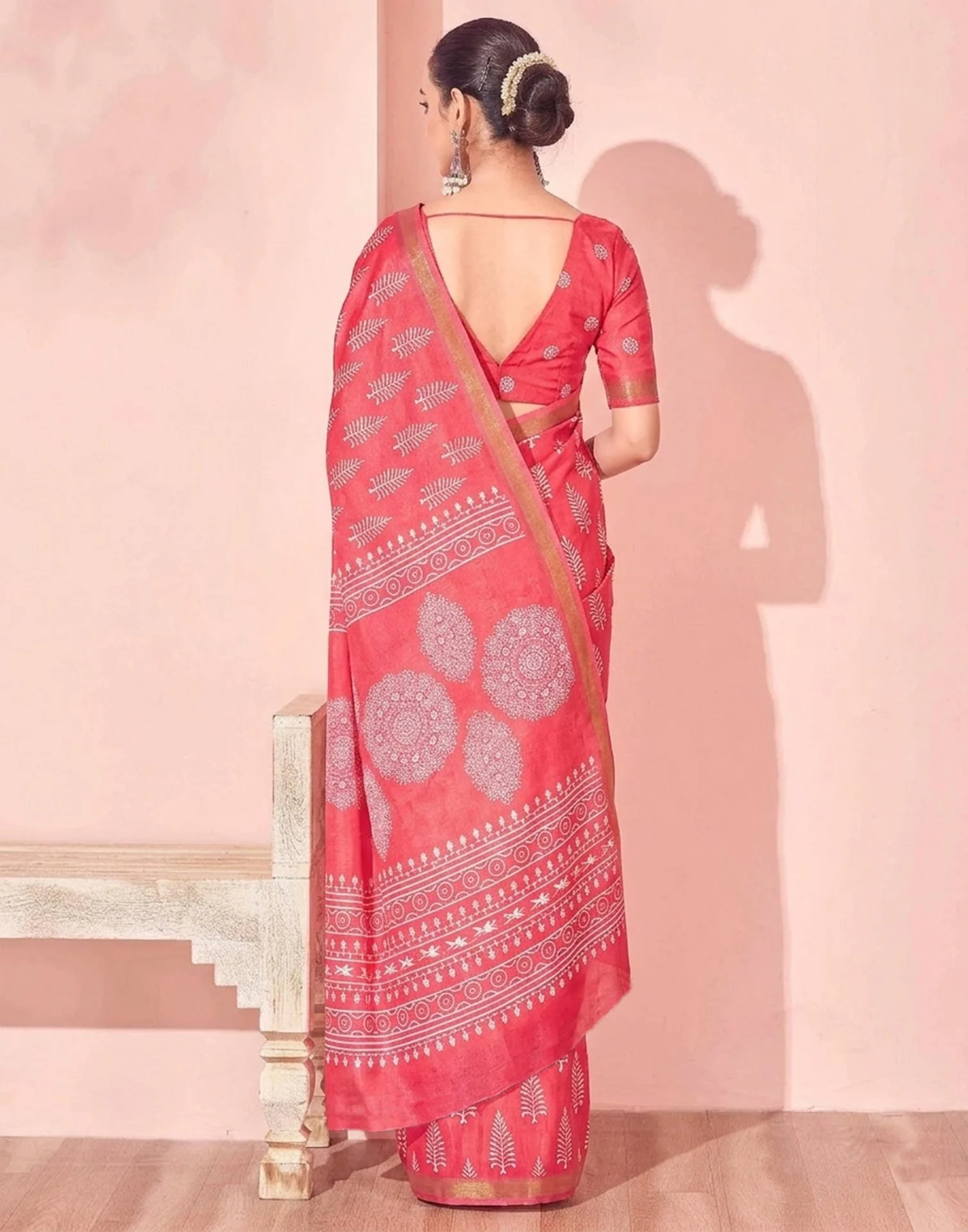 Coral Pink Silk Printed Saree - Image 7