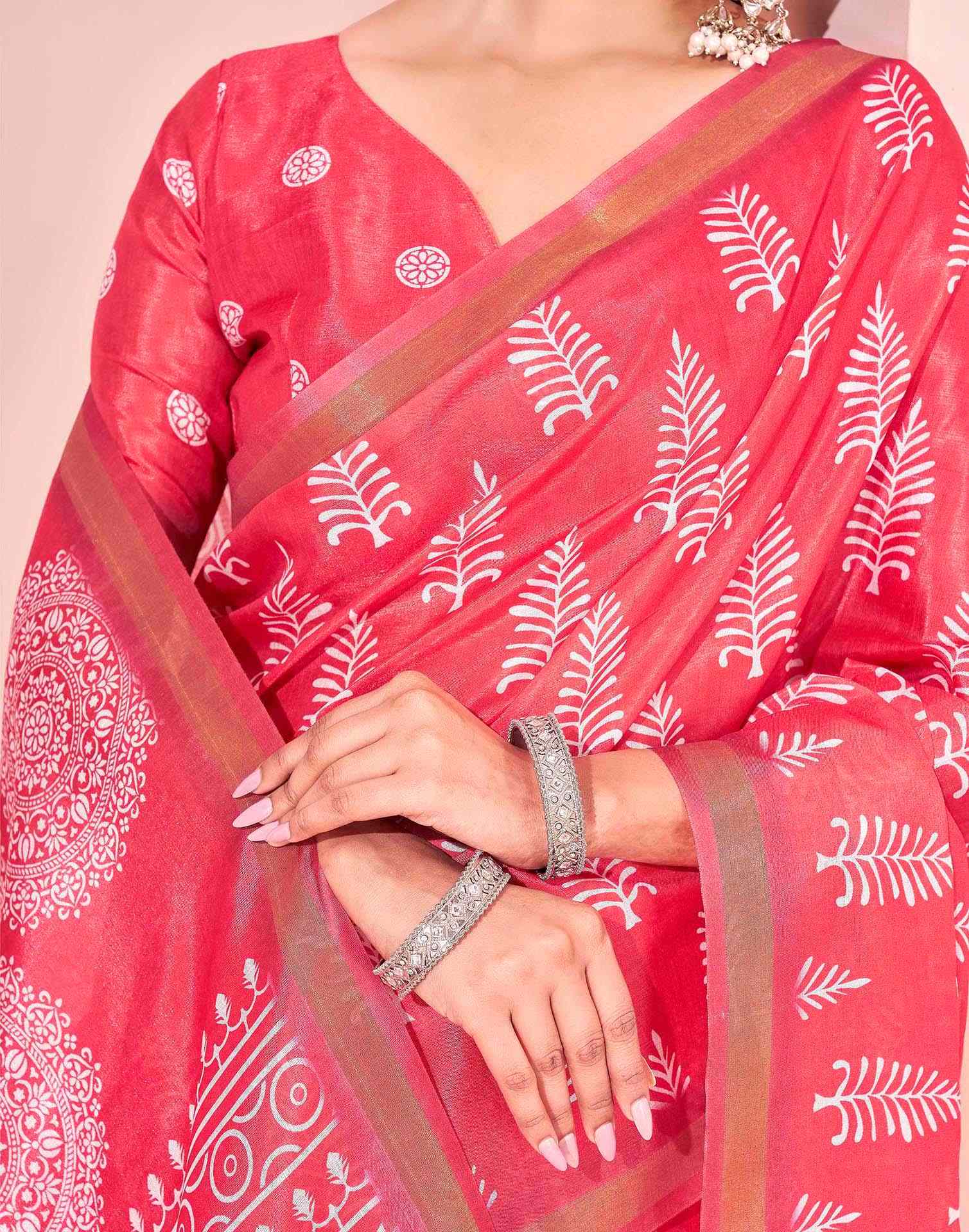 Coral Pink Silk Printed Saree - Image 9