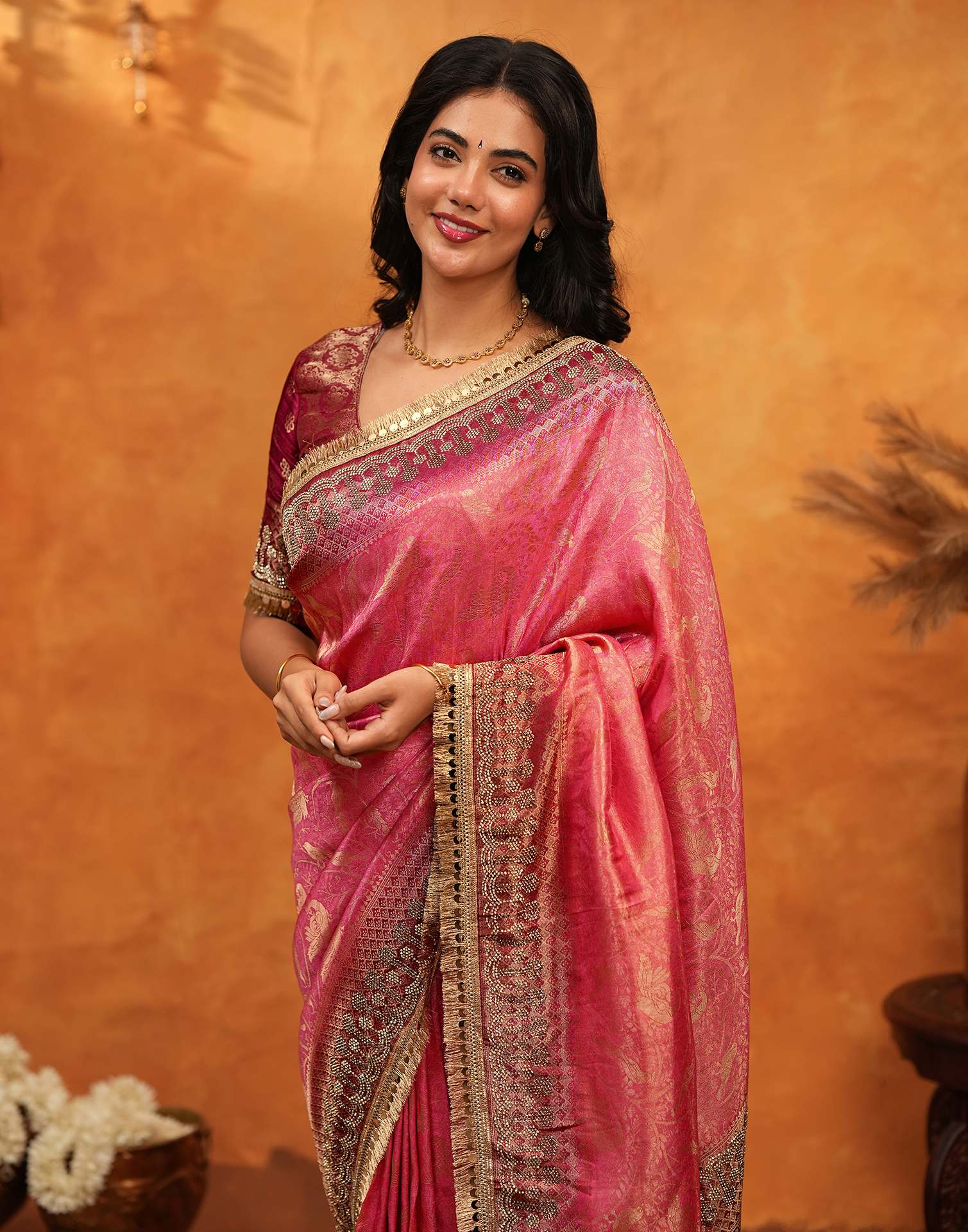 Coral Pink Silk Woven Banarasi Saree - Image 8