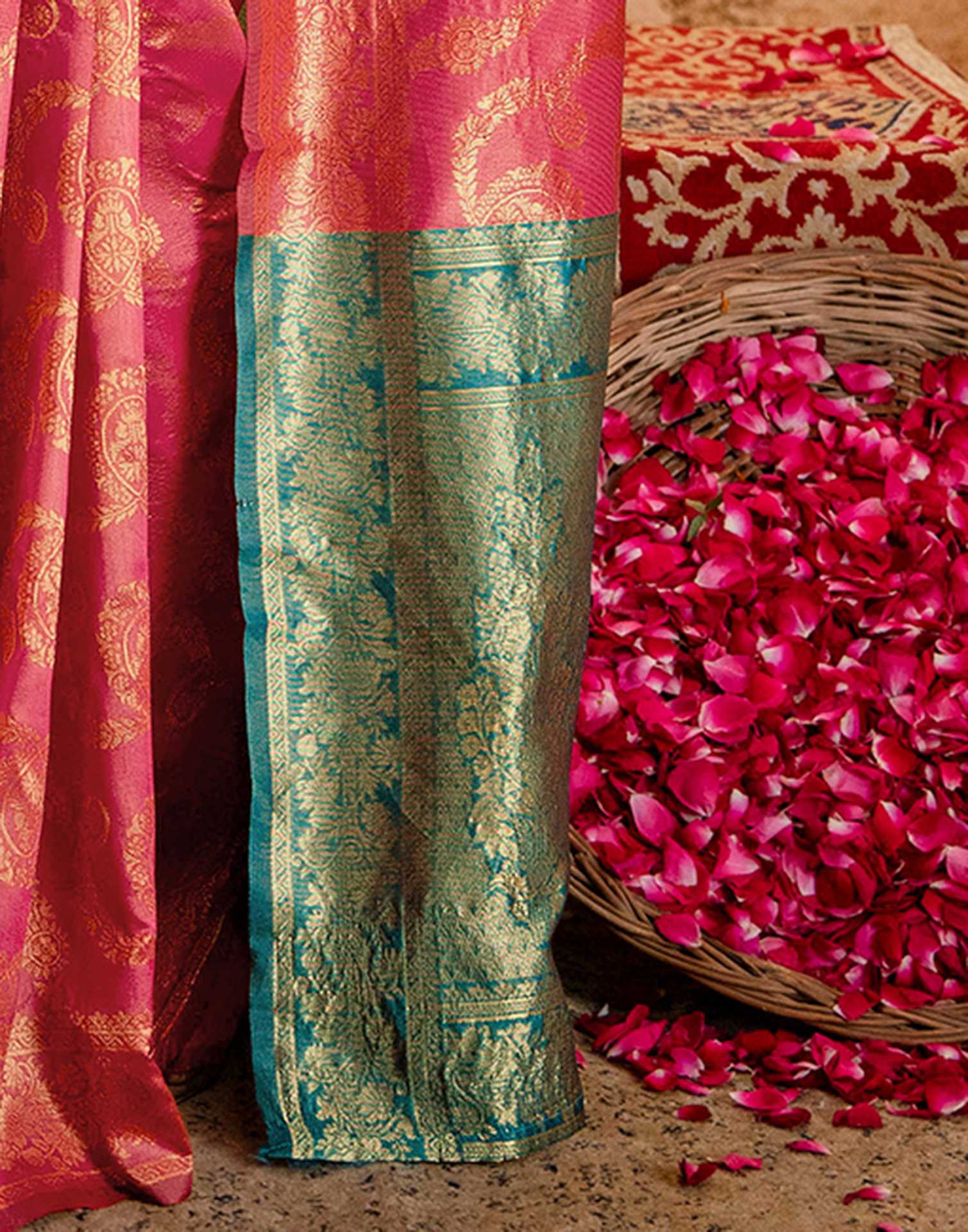 Coral Pink Silk Woven Banarasi Saree - Image 11