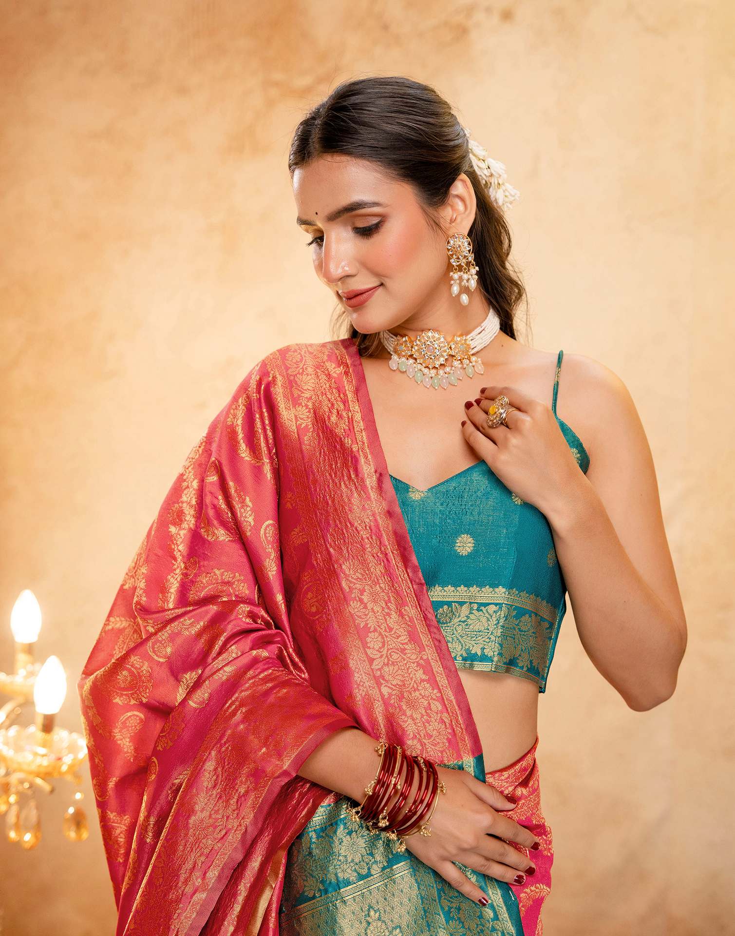 Coral Pink Silk Woven Banarasi Saree - Image 2