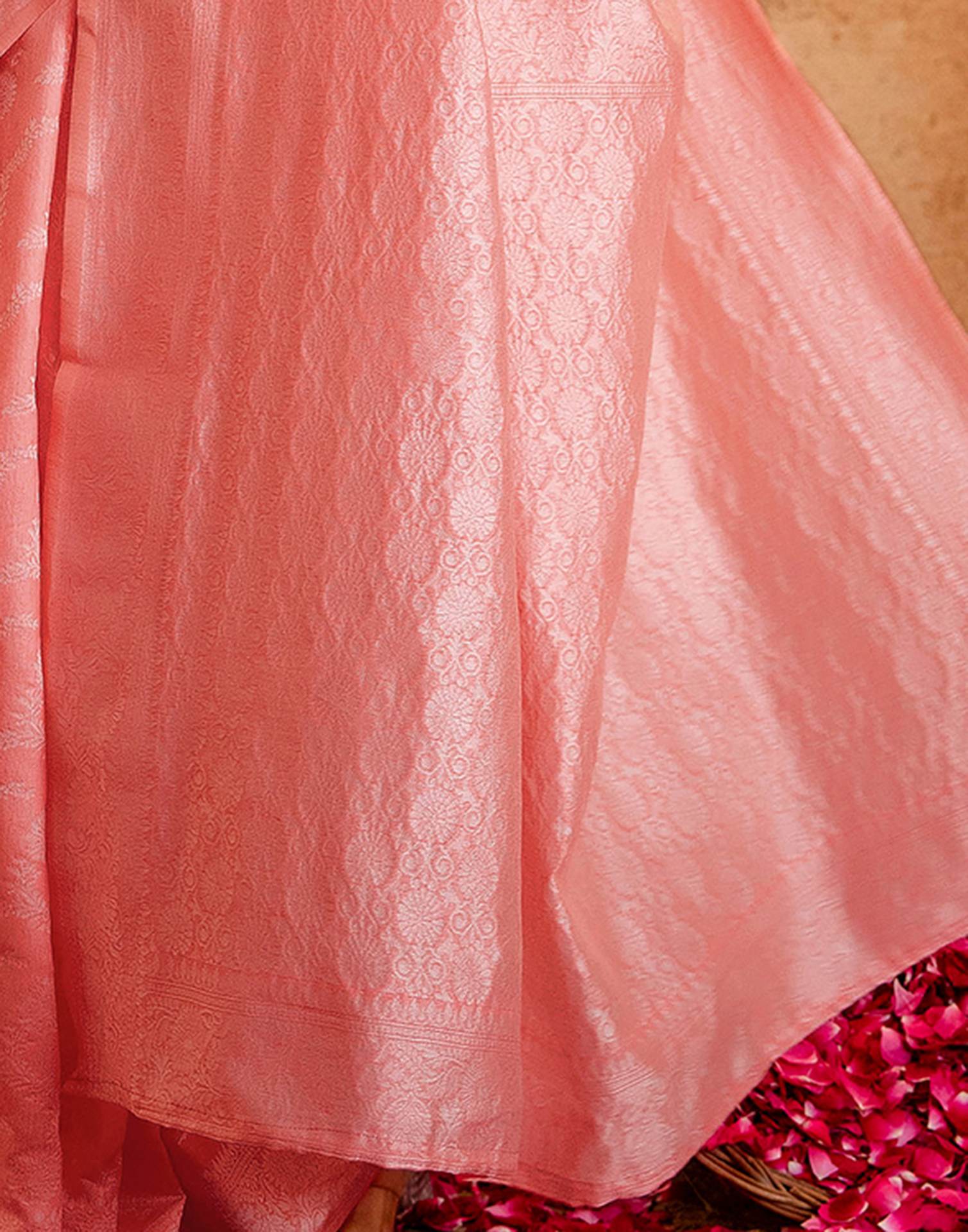 Coral Pink Silk Woven Banarasi Saree - Image 11