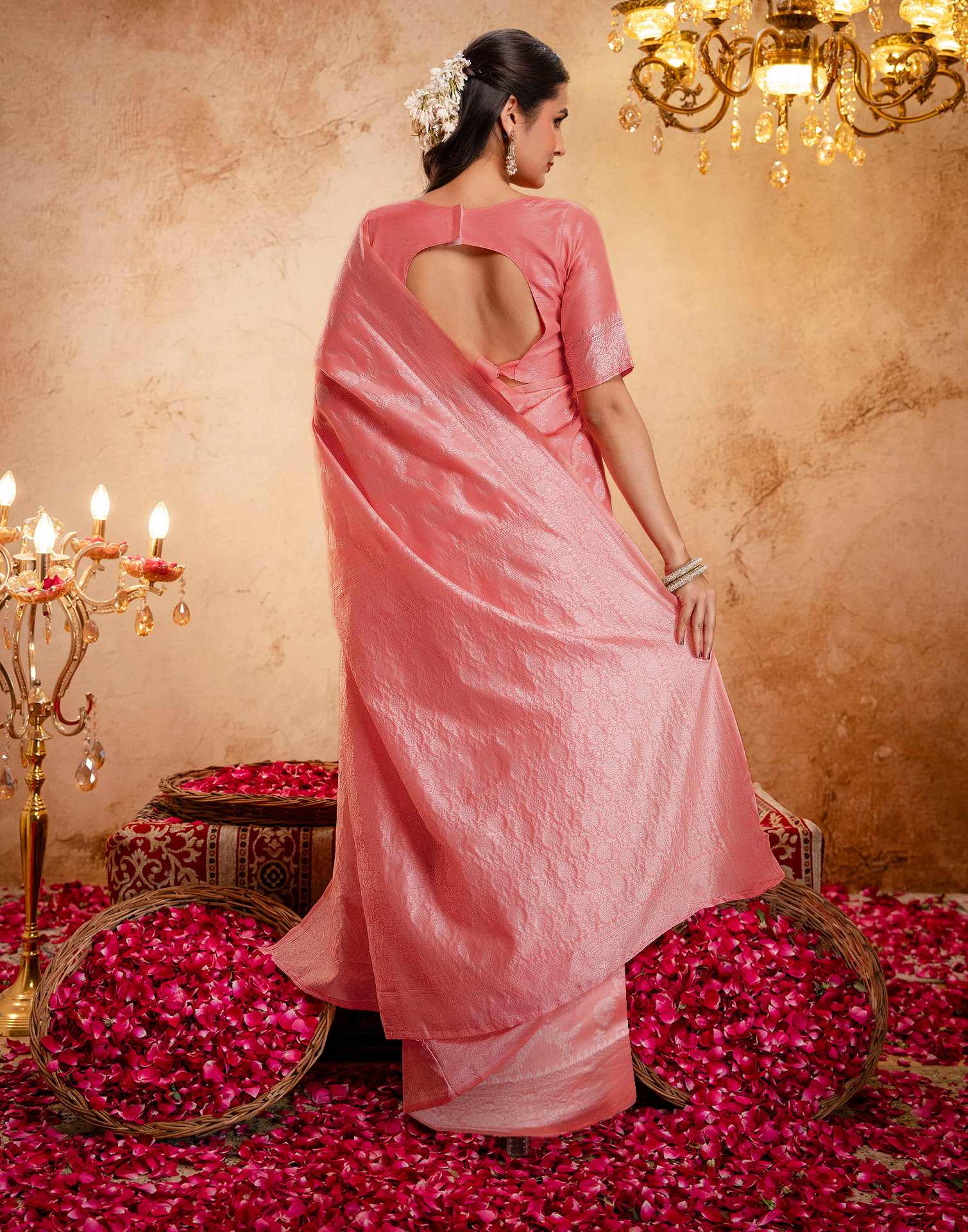 Coral Pink Silk Woven Banarasi Saree - Image 8