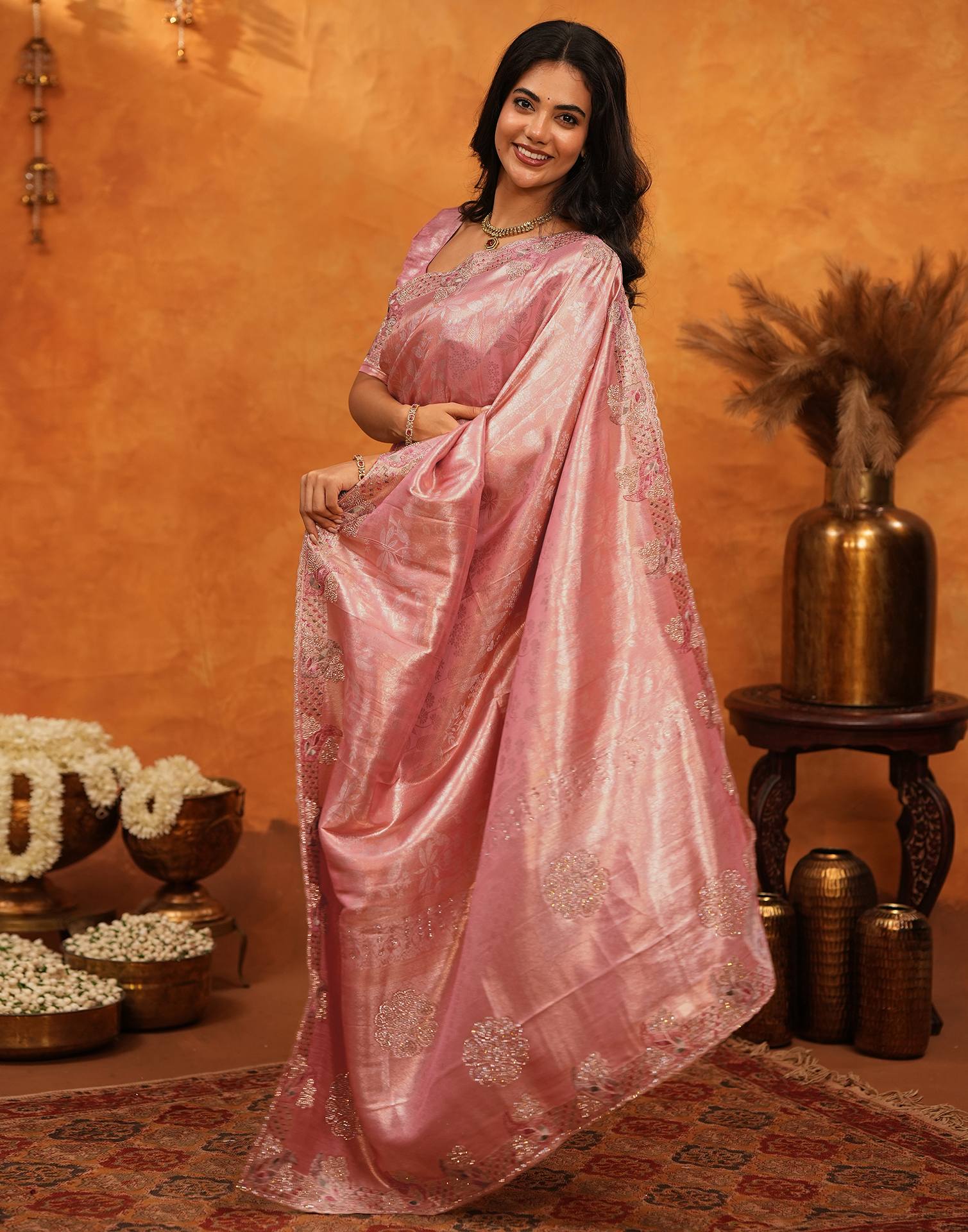 Coral Pink Silk Woven Embroidery Stone Work Banarasi Saree - Image 10