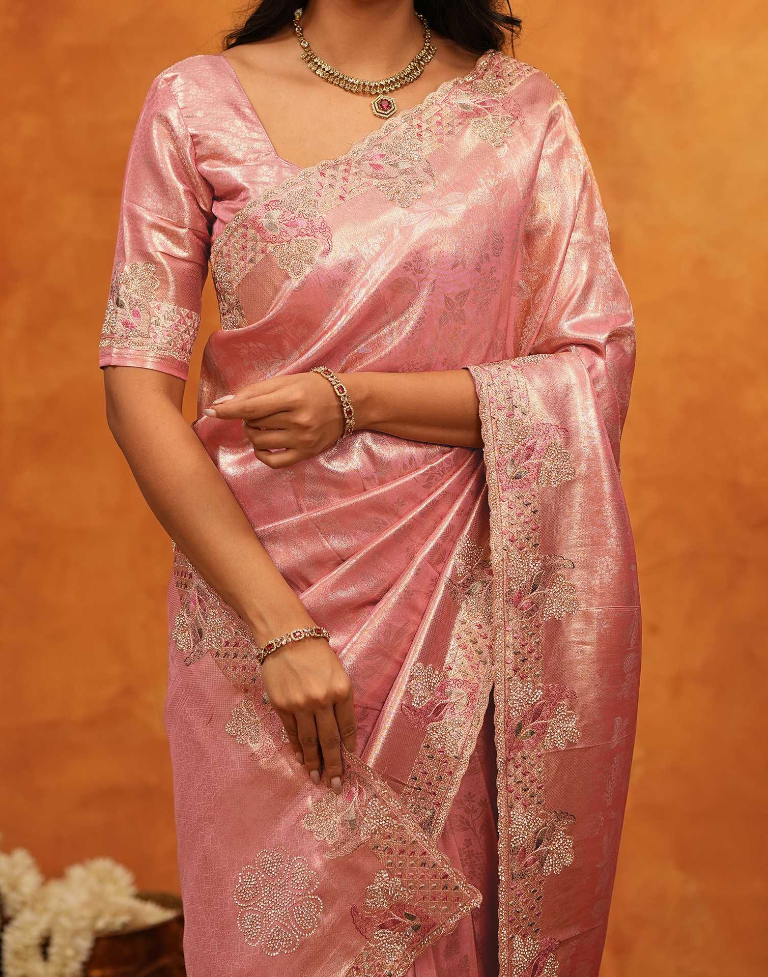 Coral Pink Silk Woven Embroidery Stone Work Banarasi Saree - Image 2