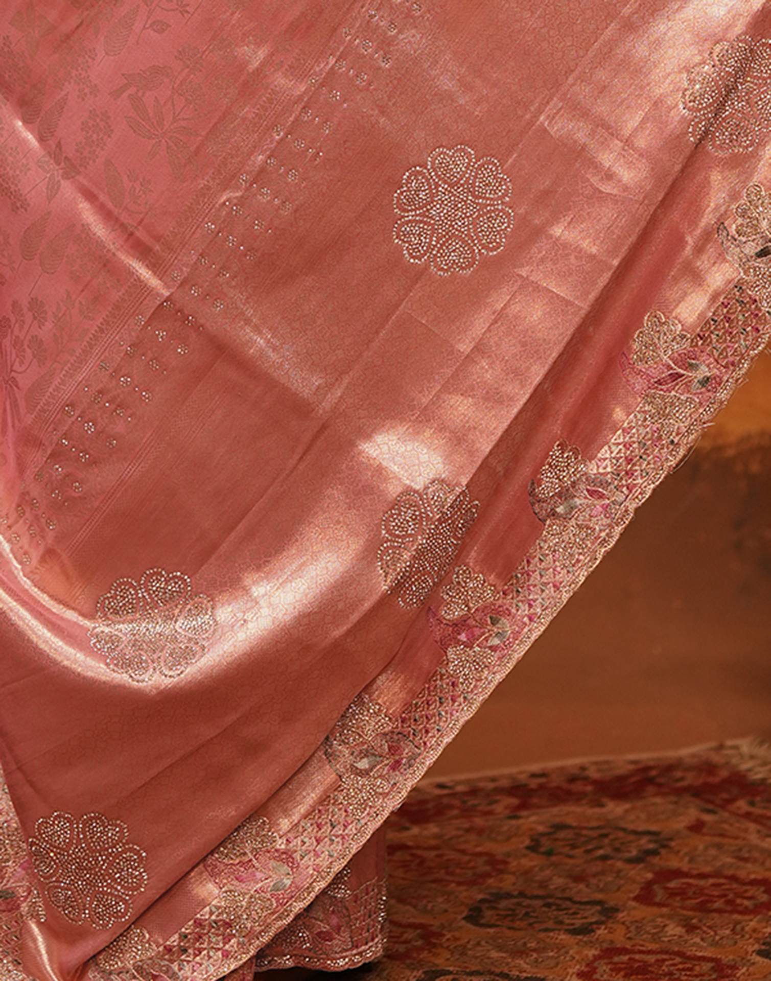 Coral Pink Silk Woven Embroidery Stone Work Banarasi Saree - Image 4
