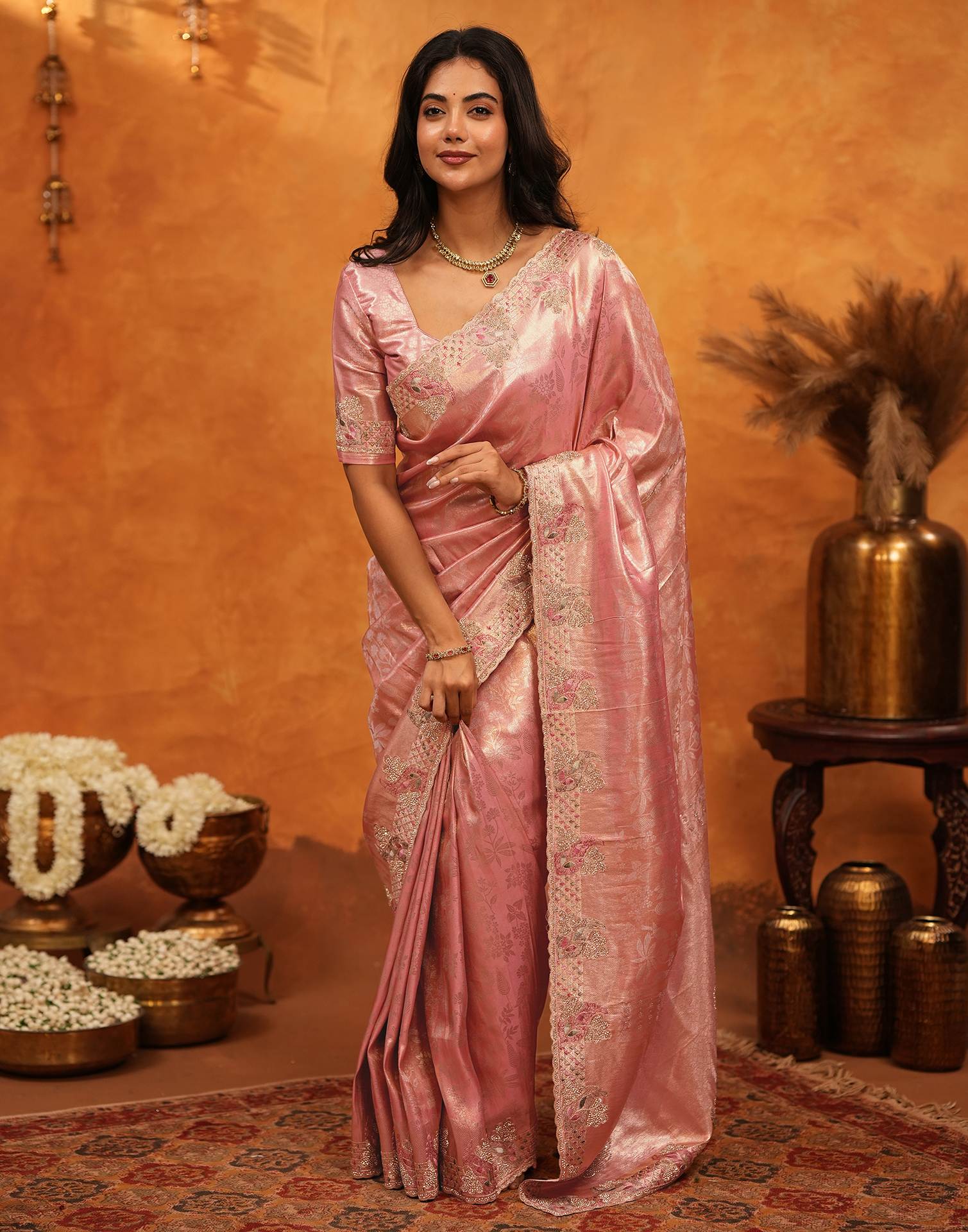 Coral Pink Silk Woven Embroidery Stone Work Banarasi Saree - Image 7