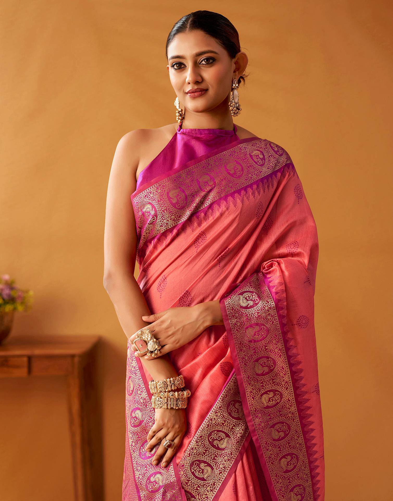 Coral Pink Silk Woven Kanjivaram Saree - Image 3