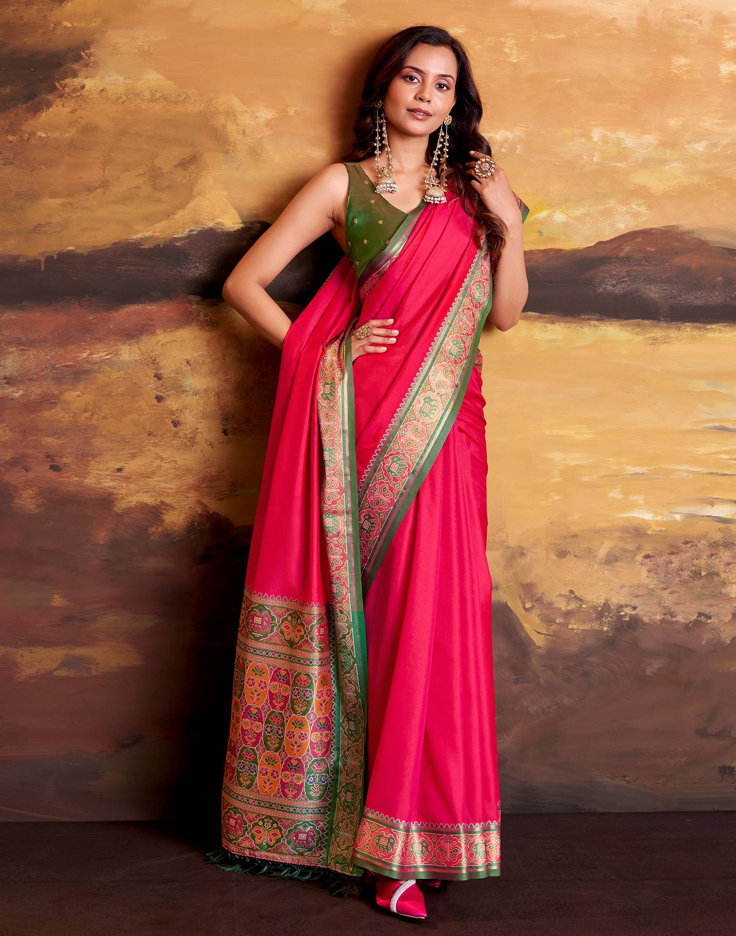 Coral Pink Silk Woven Patola Saree - Image 5