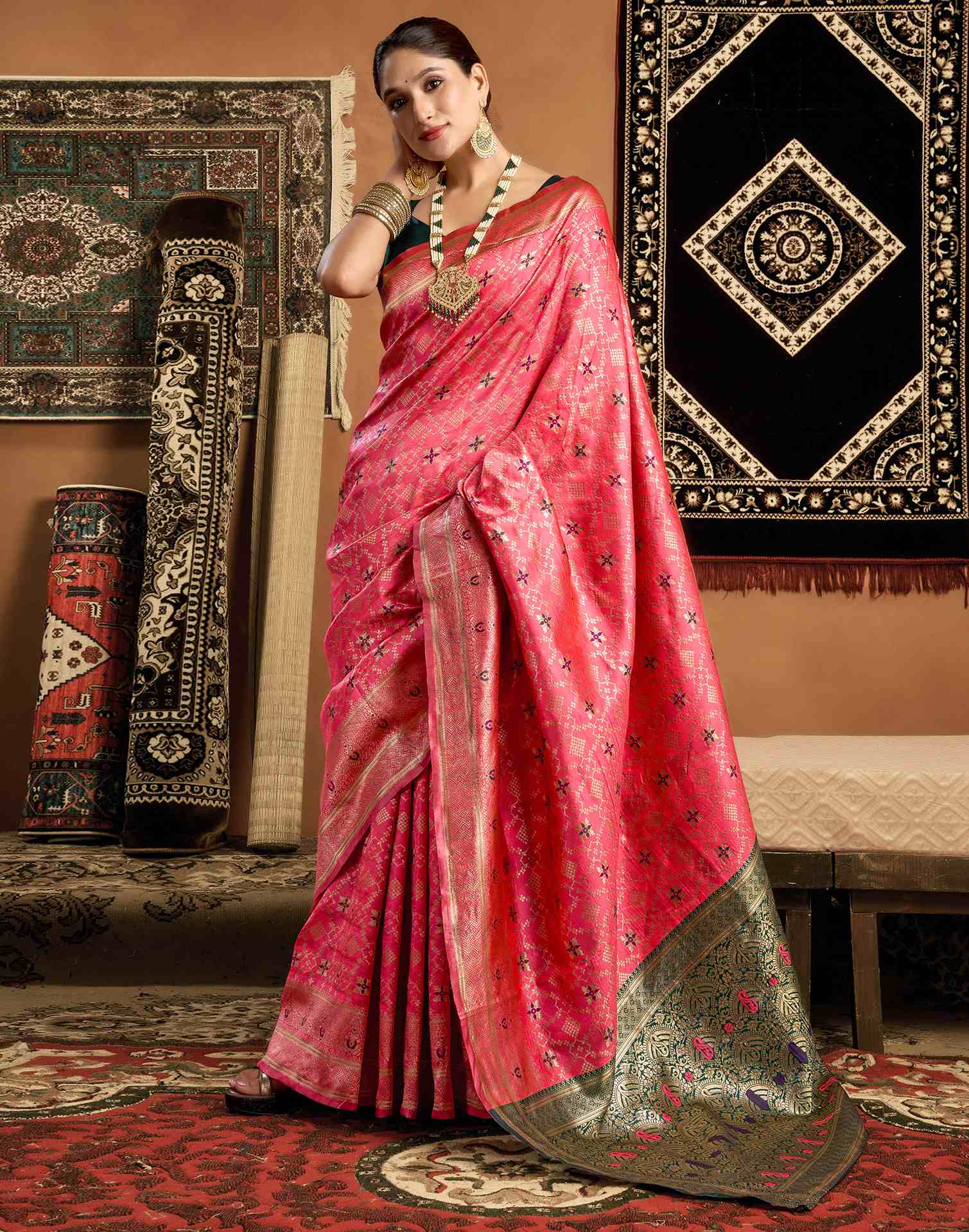Coral Pink Silk Woven Patola Saree - Image 5