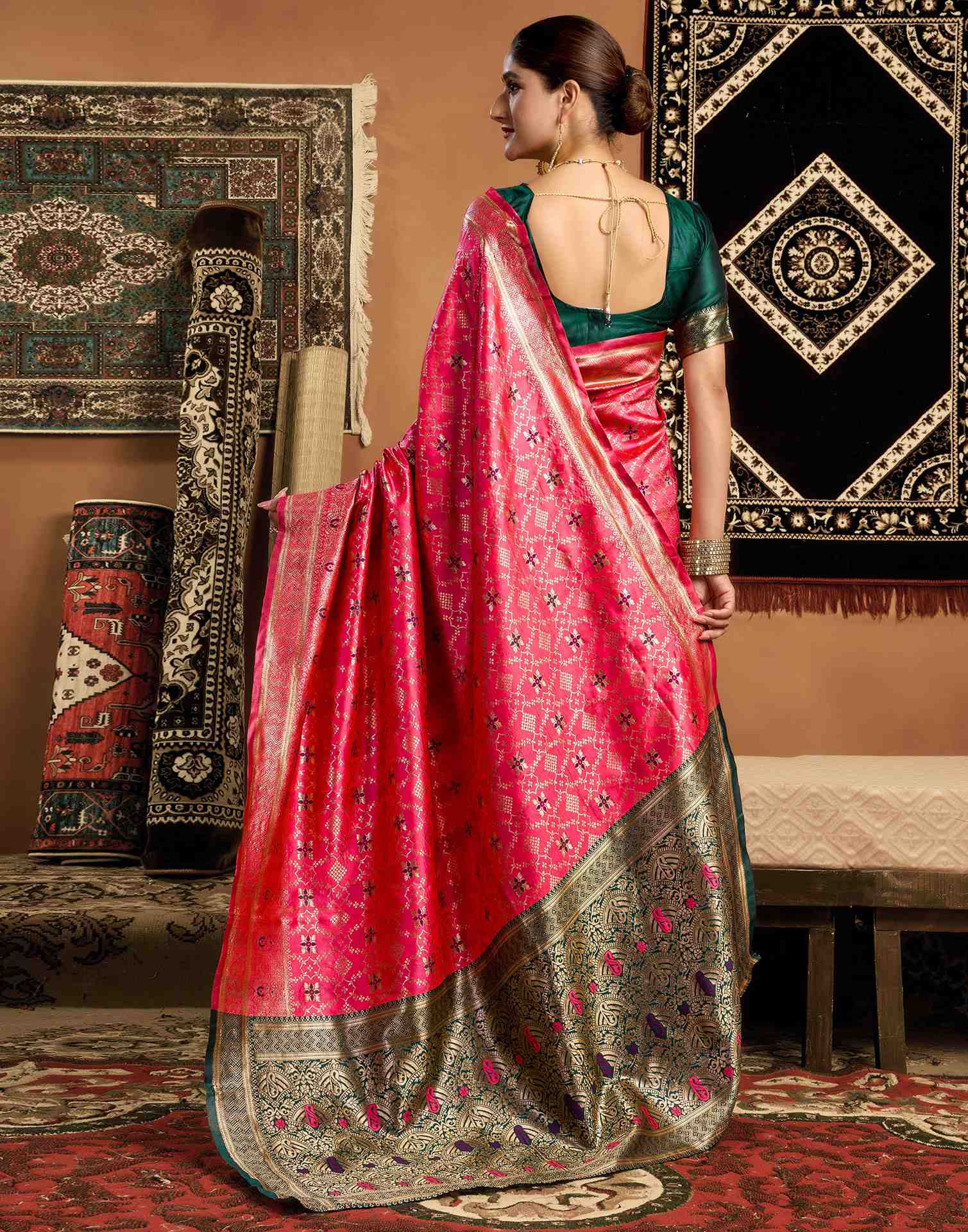 Coral Pink Silk Woven Patola Saree - Image 6
