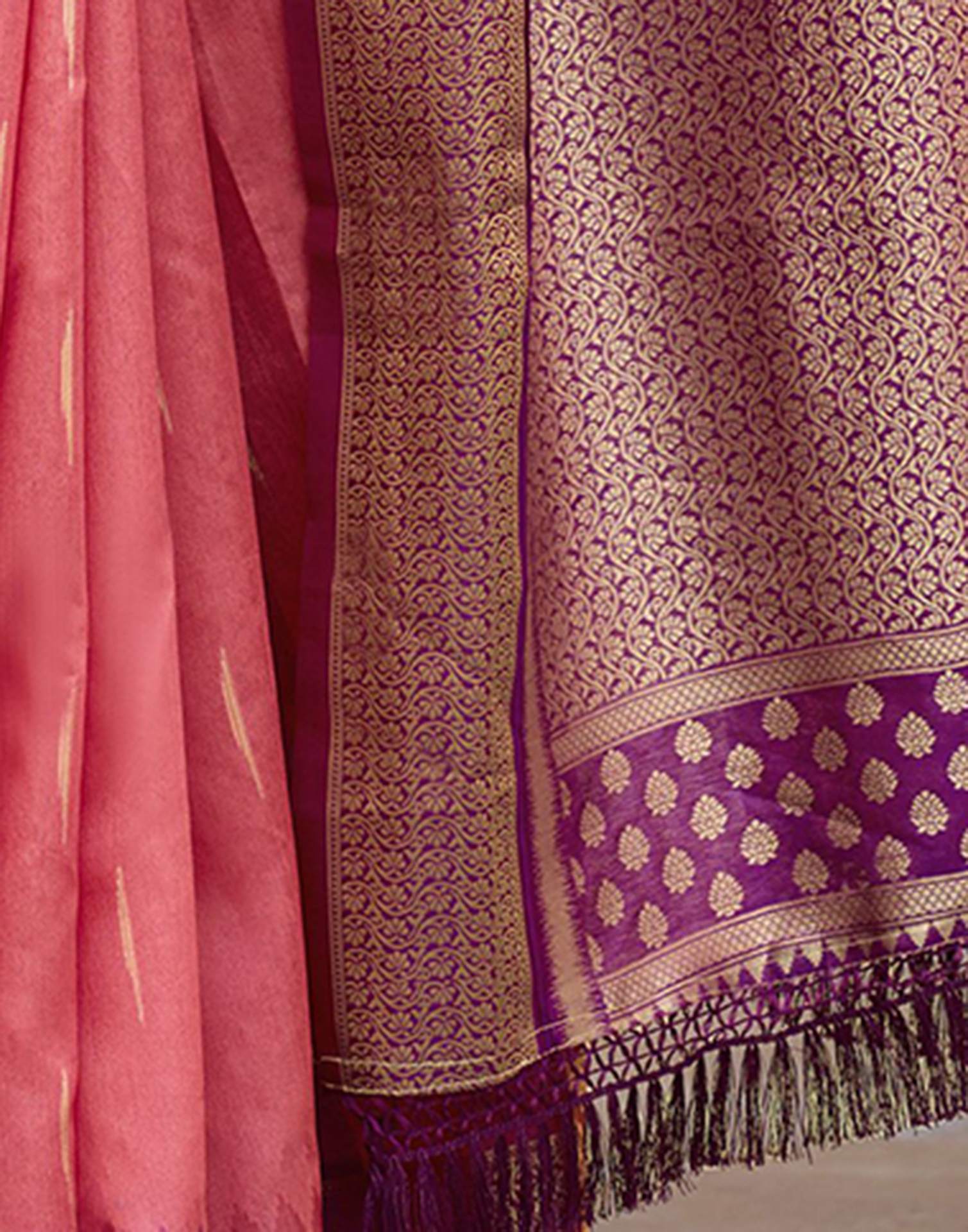 Coral Pink Silk Woven Saree - Image 6