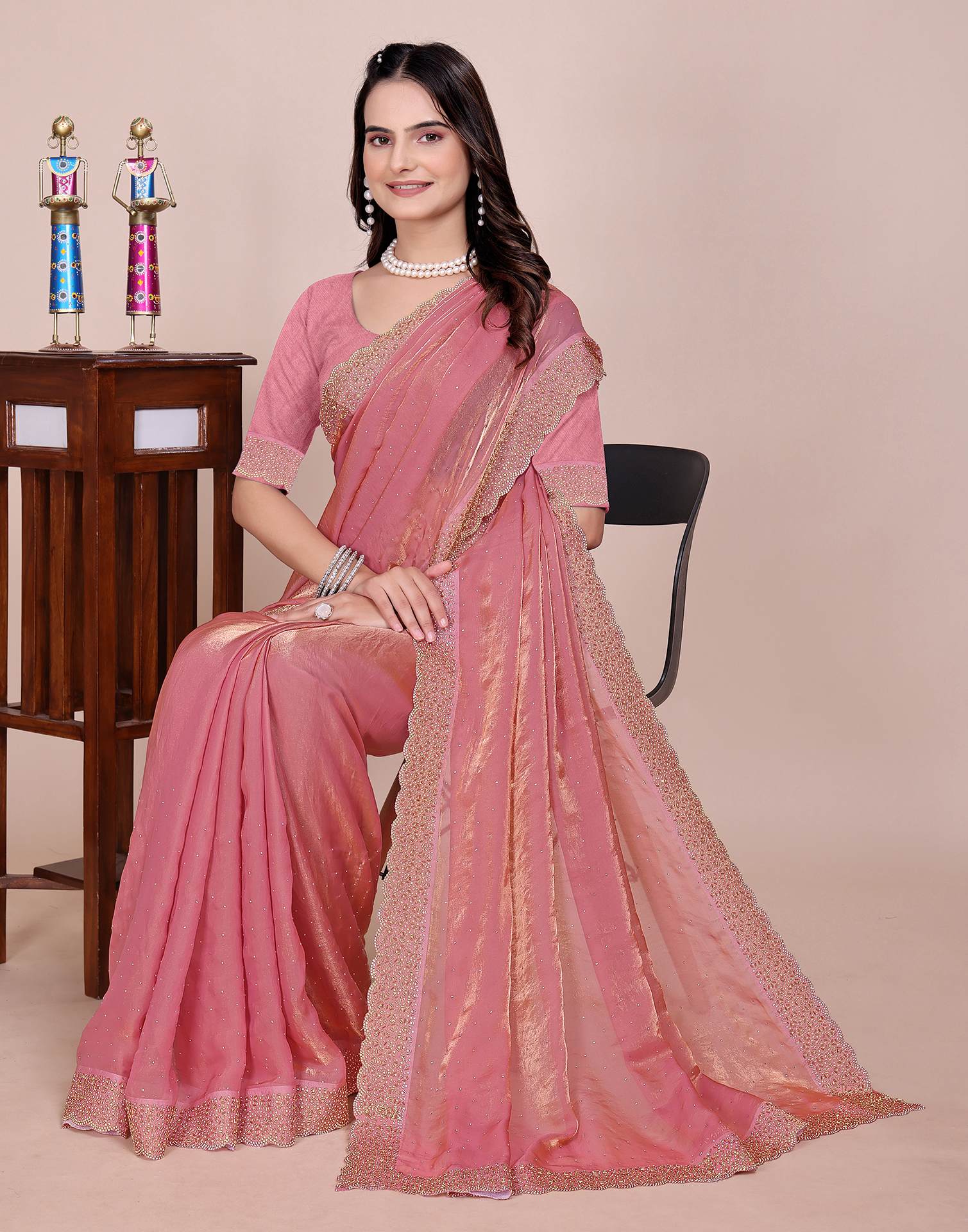 Coral Pink Tissue Silk Stone Work Swarovski Saree - Image 2