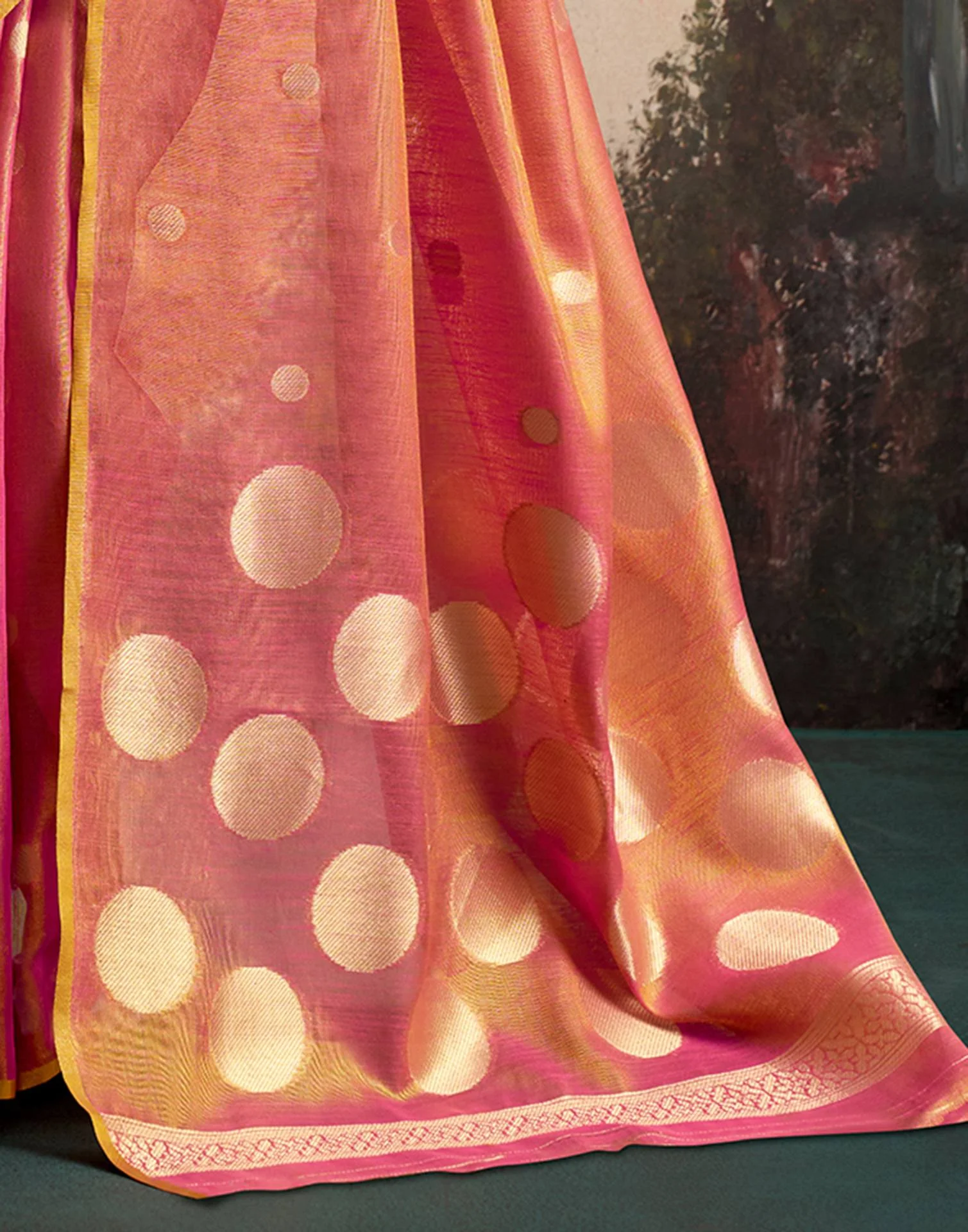 Coral Pink Tissue Silk Woven Saree - Image 6
