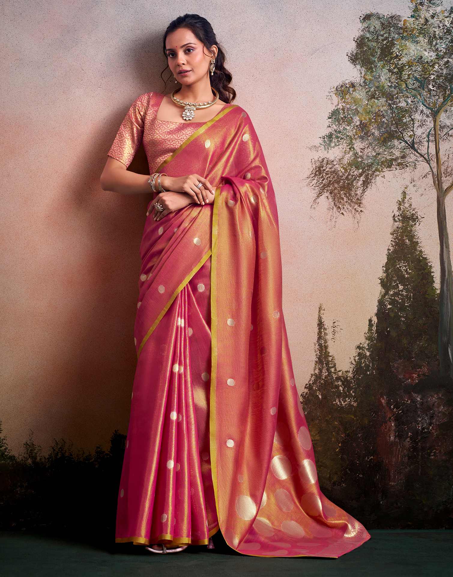 Coral Pink Tissue Silk Woven Saree - Image 5