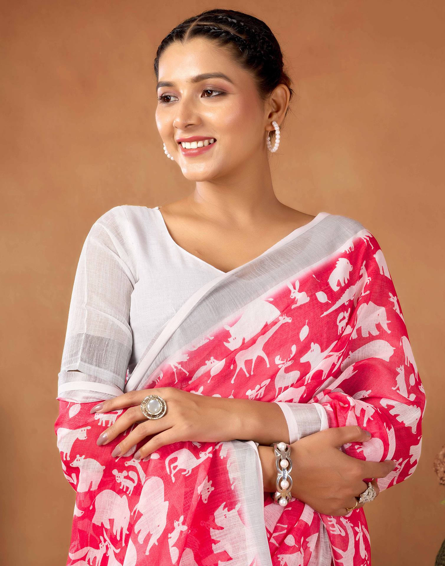 Coral Red Cotton Linen Printed Saree - Image 2