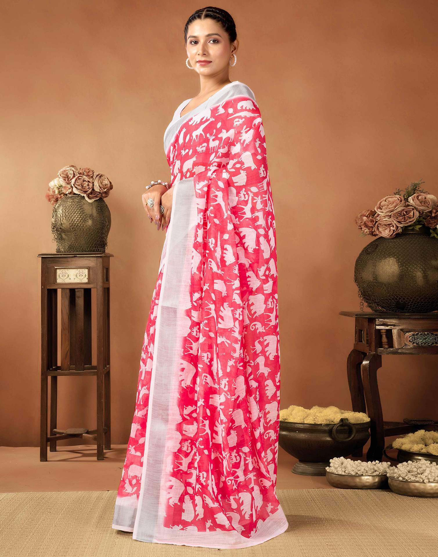 Coral Red Cotton Linen Printed Saree - Image 4