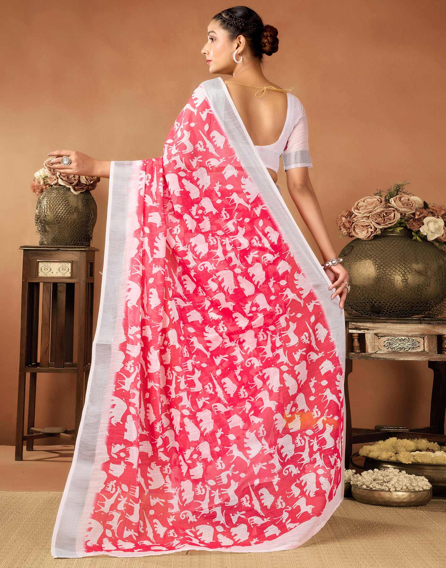 Coral Red Cotton Linen Printed Saree - Image 6