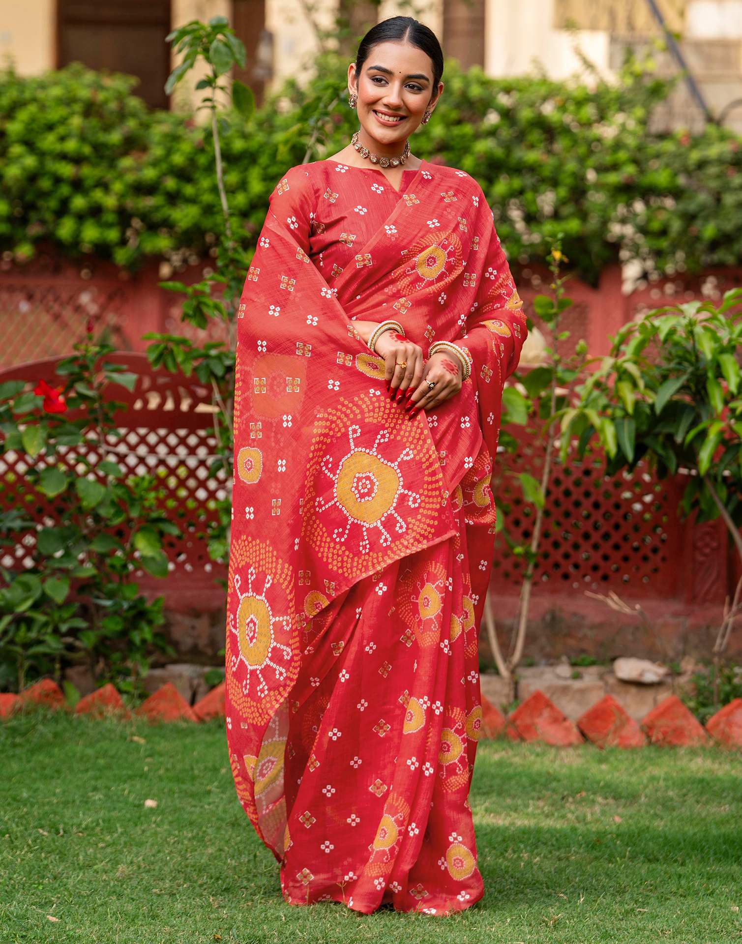 Vat Savitri Special Coral Red Linen Bandhani Printed Saree - Image 10
