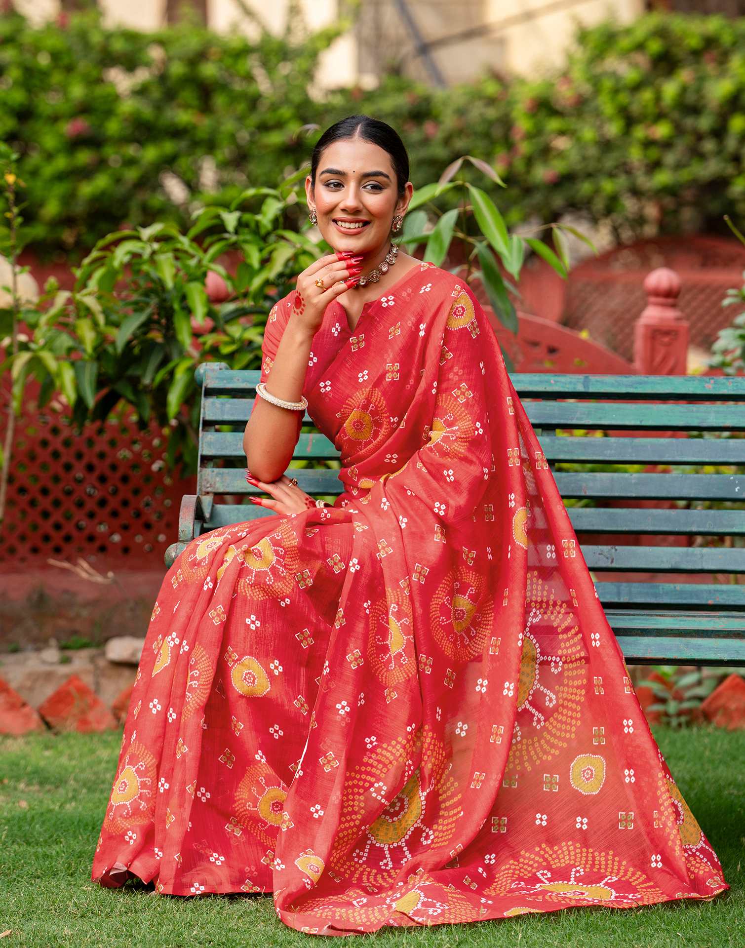 Vat Savitri Special Coral Red Linen Bandhani Printed Saree - Image 2