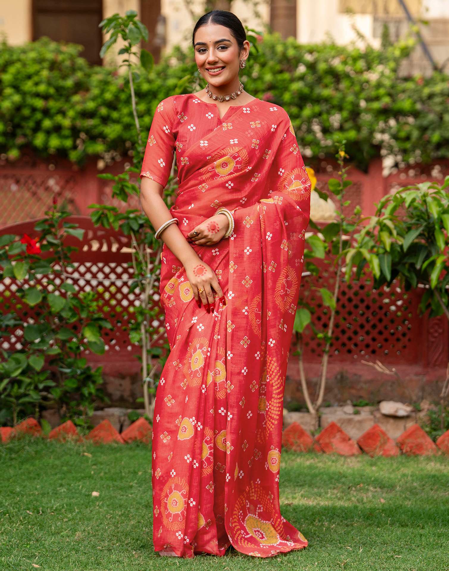 Vat Savitri Special Coral Red Linen Bandhani Printed Saree - Image 3