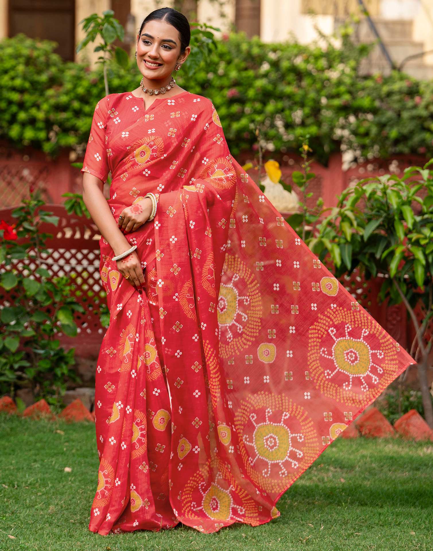 Vat Savitri Special Coral Red Linen Bandhani Printed Saree - Image 7