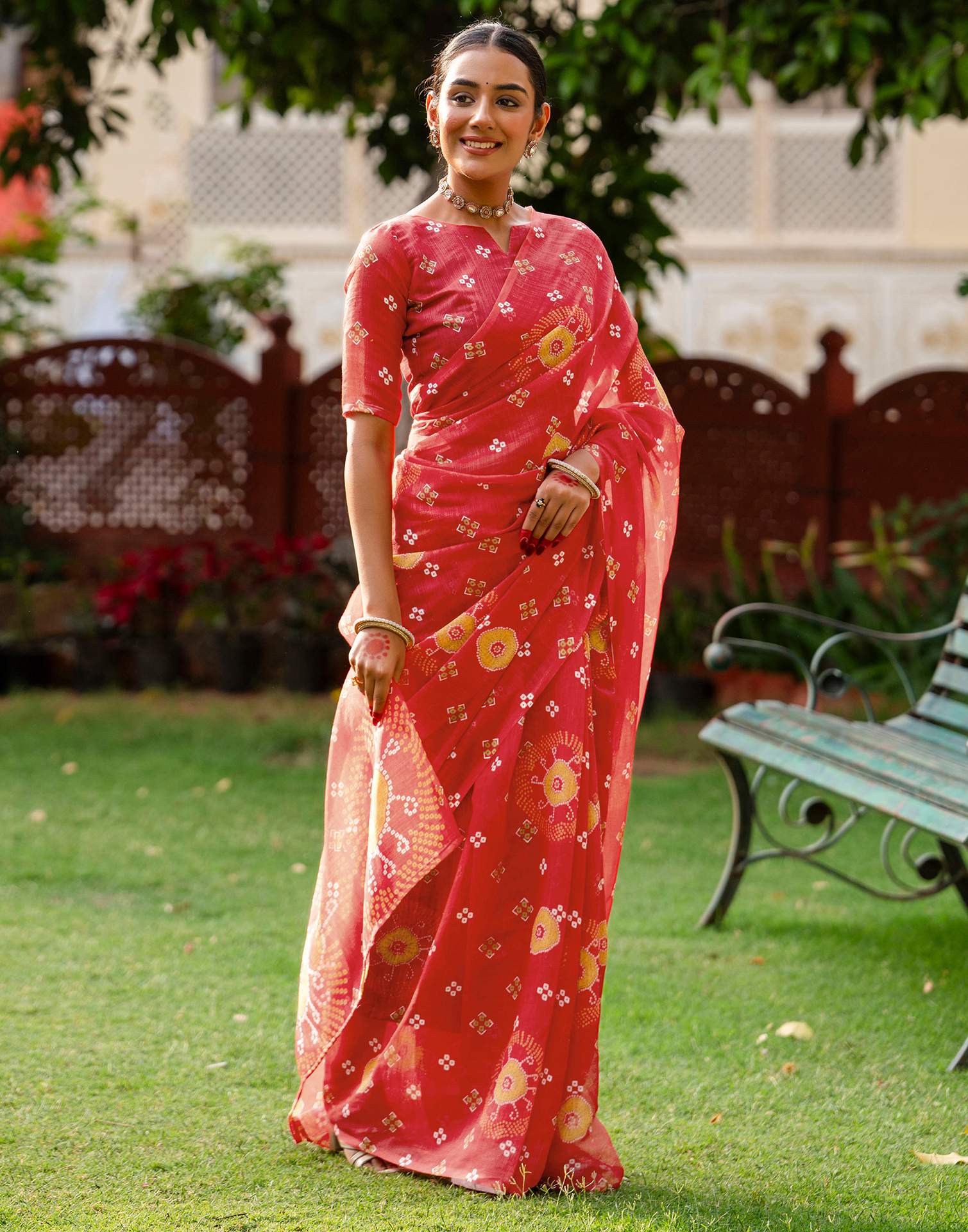 Vat Savitri Special Coral Red Linen Bandhani Printed Saree - Image 8