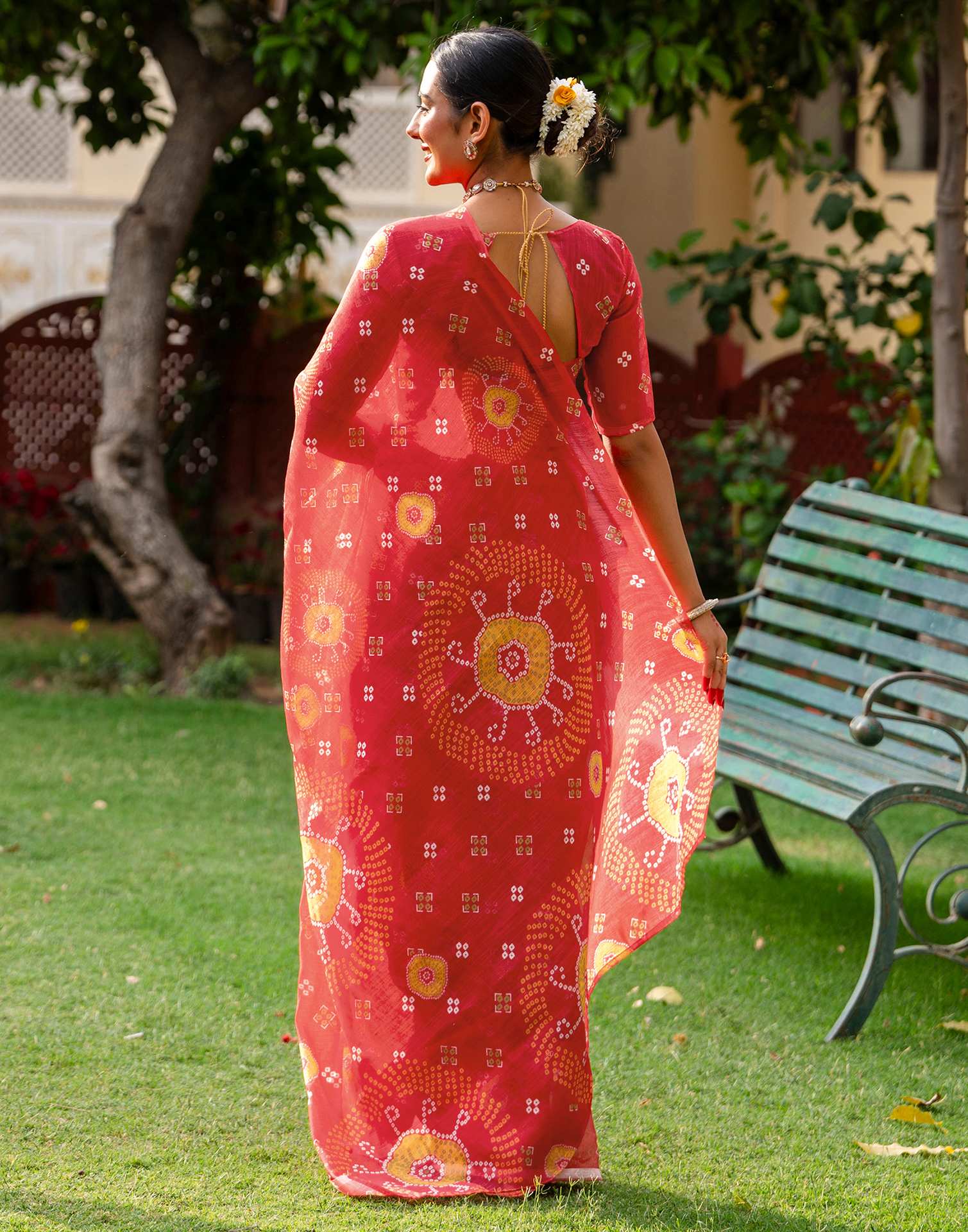 Vat Savitri Special Coral Red Linen Bandhani Printed Saree - Image 9