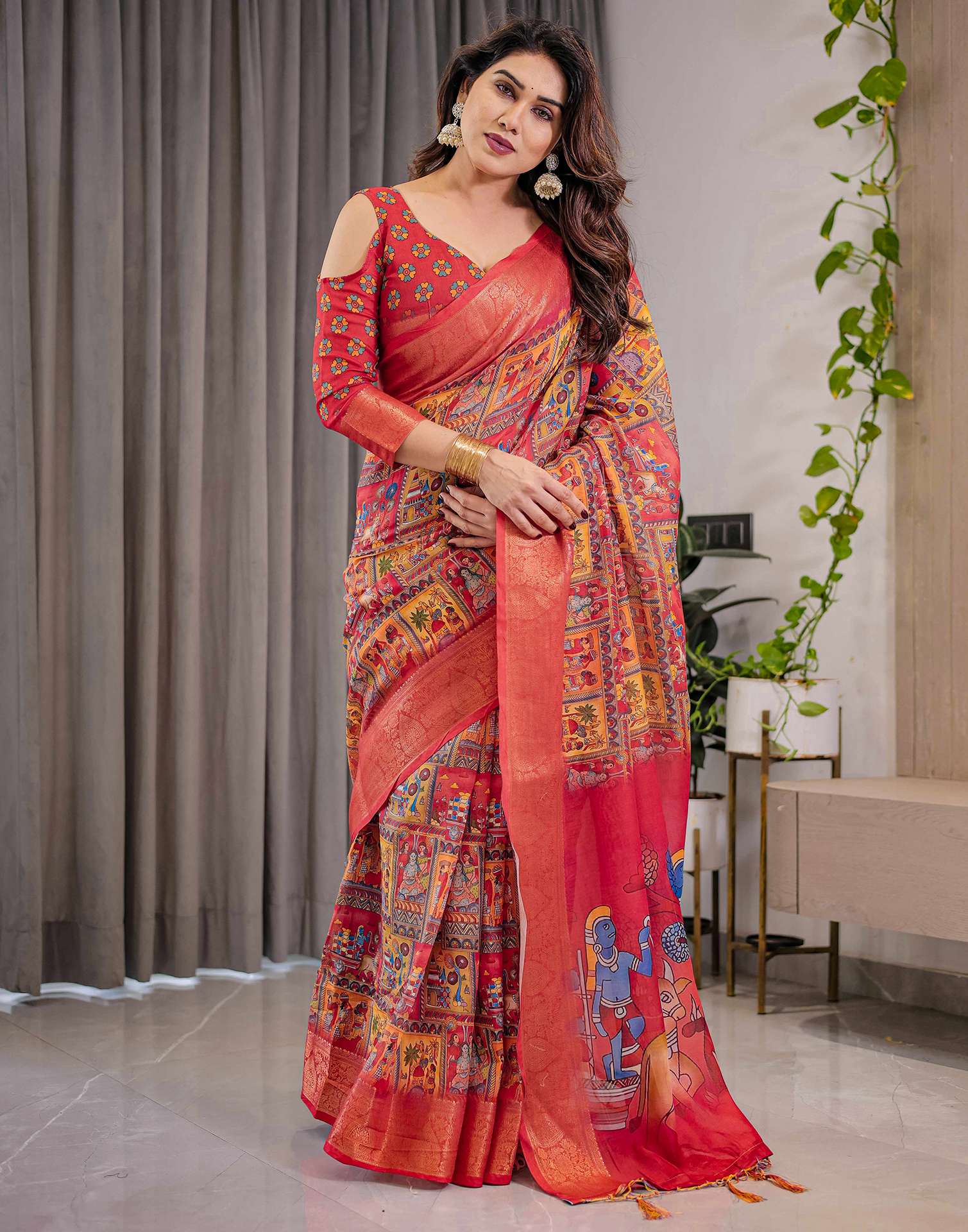 Coral Red Linen Printed Saree - Image 10