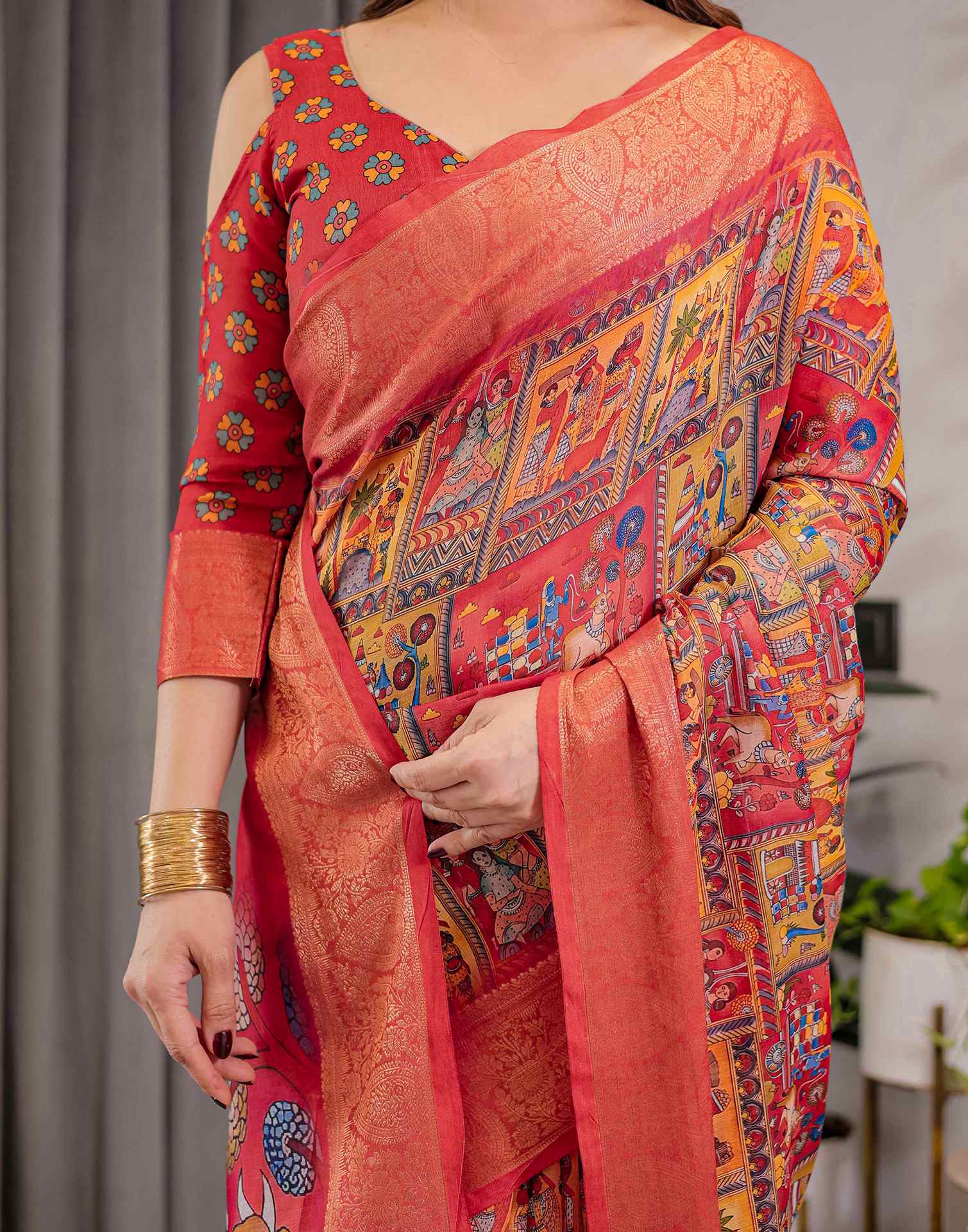 Coral Red Linen Printed Saree - Image 12