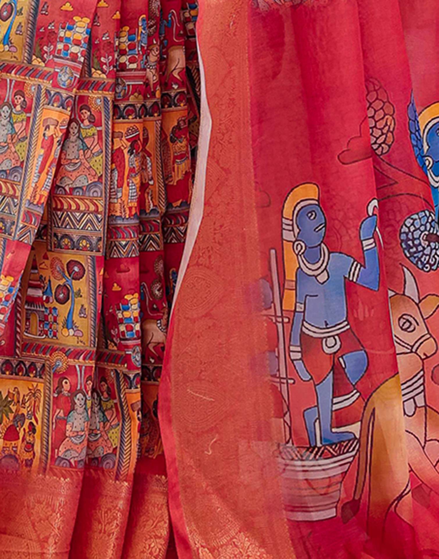 Coral Red Linen Printed Saree - Image 13