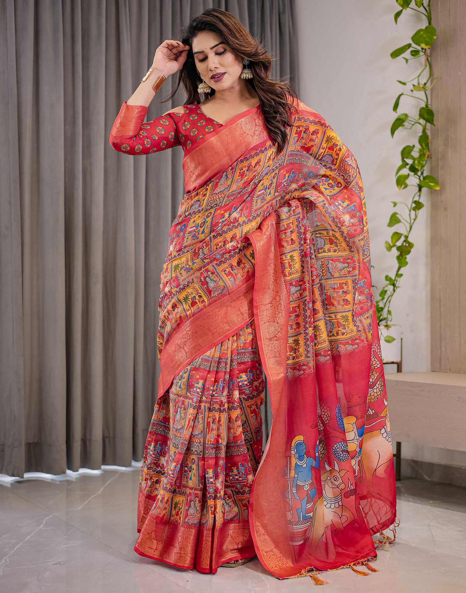 Coral Red Linen Printed Saree - Image 8