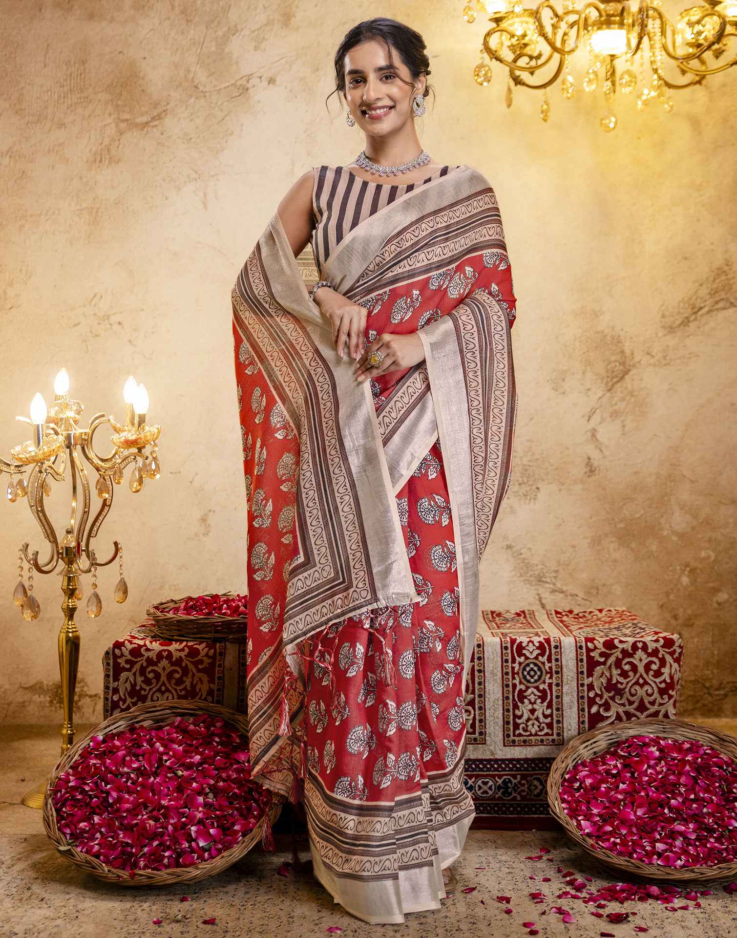 Coral Red Linen Printed Saree - Image 6
