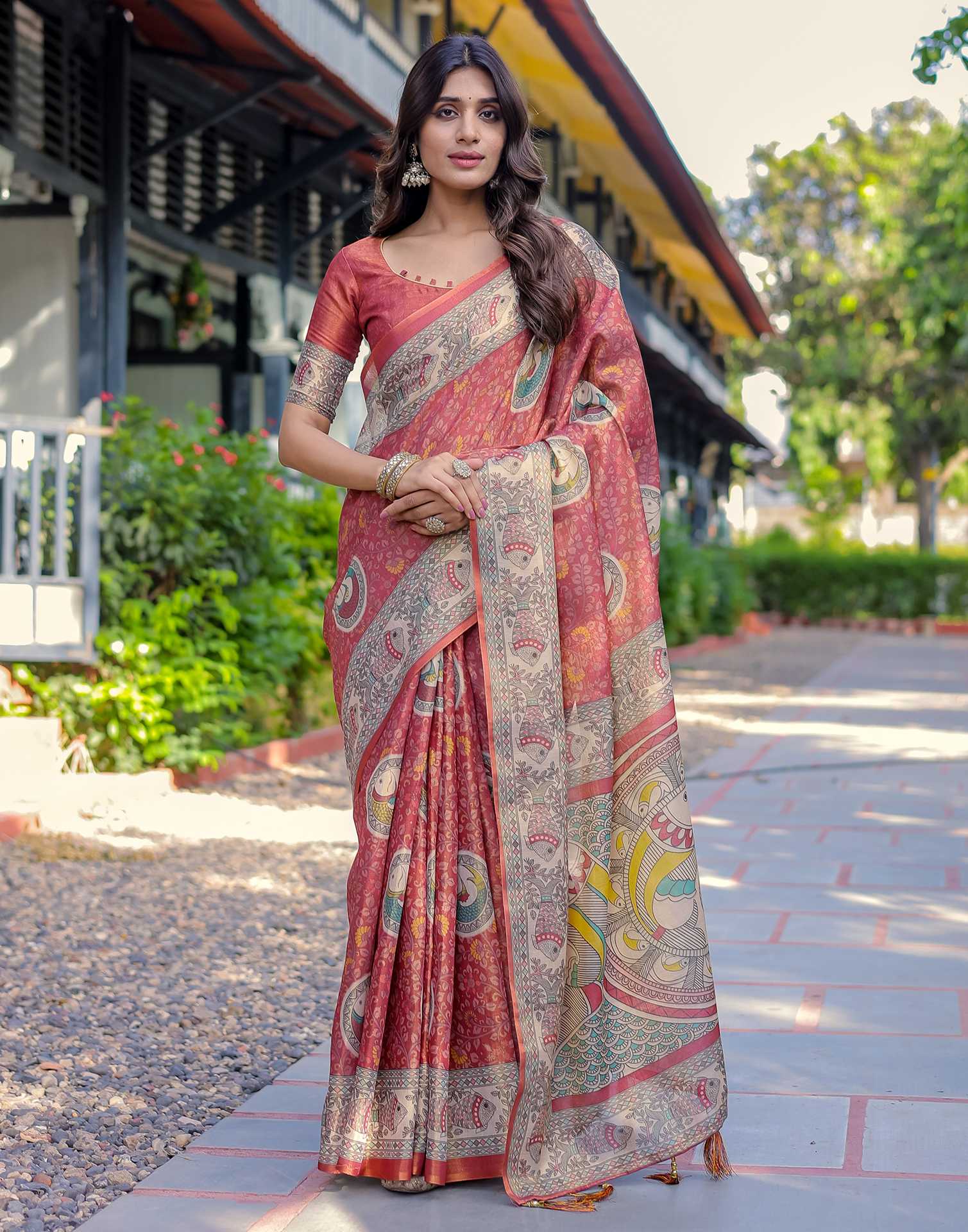 Coral Red Shimmer Silk Printed Kalamkari Saree - Image 10