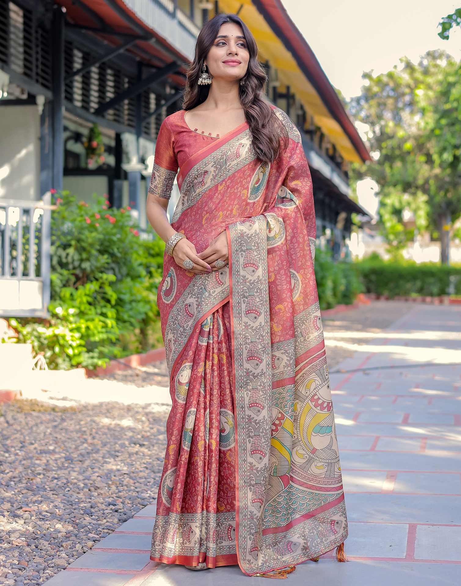 Coral Red Shimmer Silk Printed Kalamkari Saree - Image 7