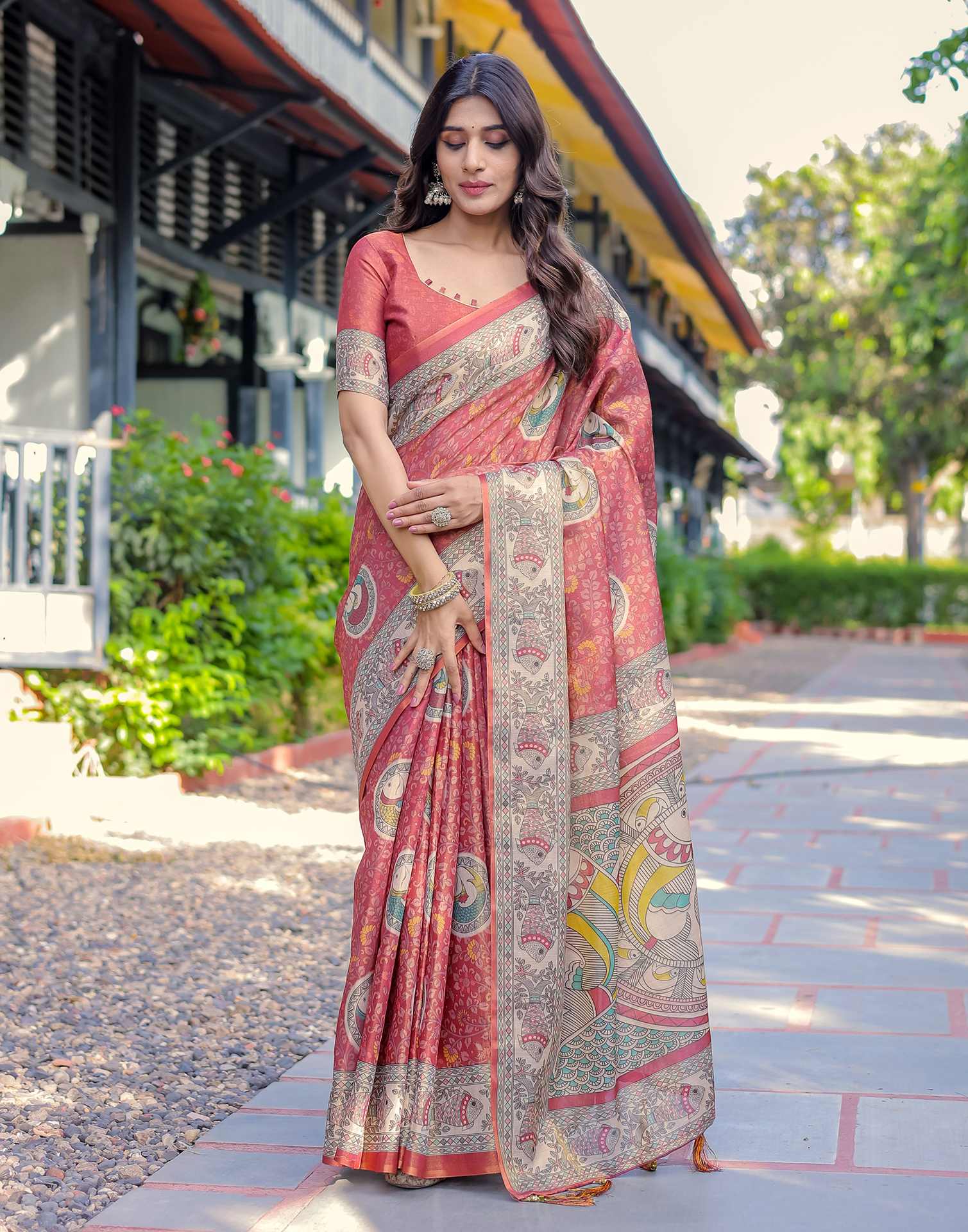 Coral Red Shimmer Silk Printed Kalamkari Saree - Image 8