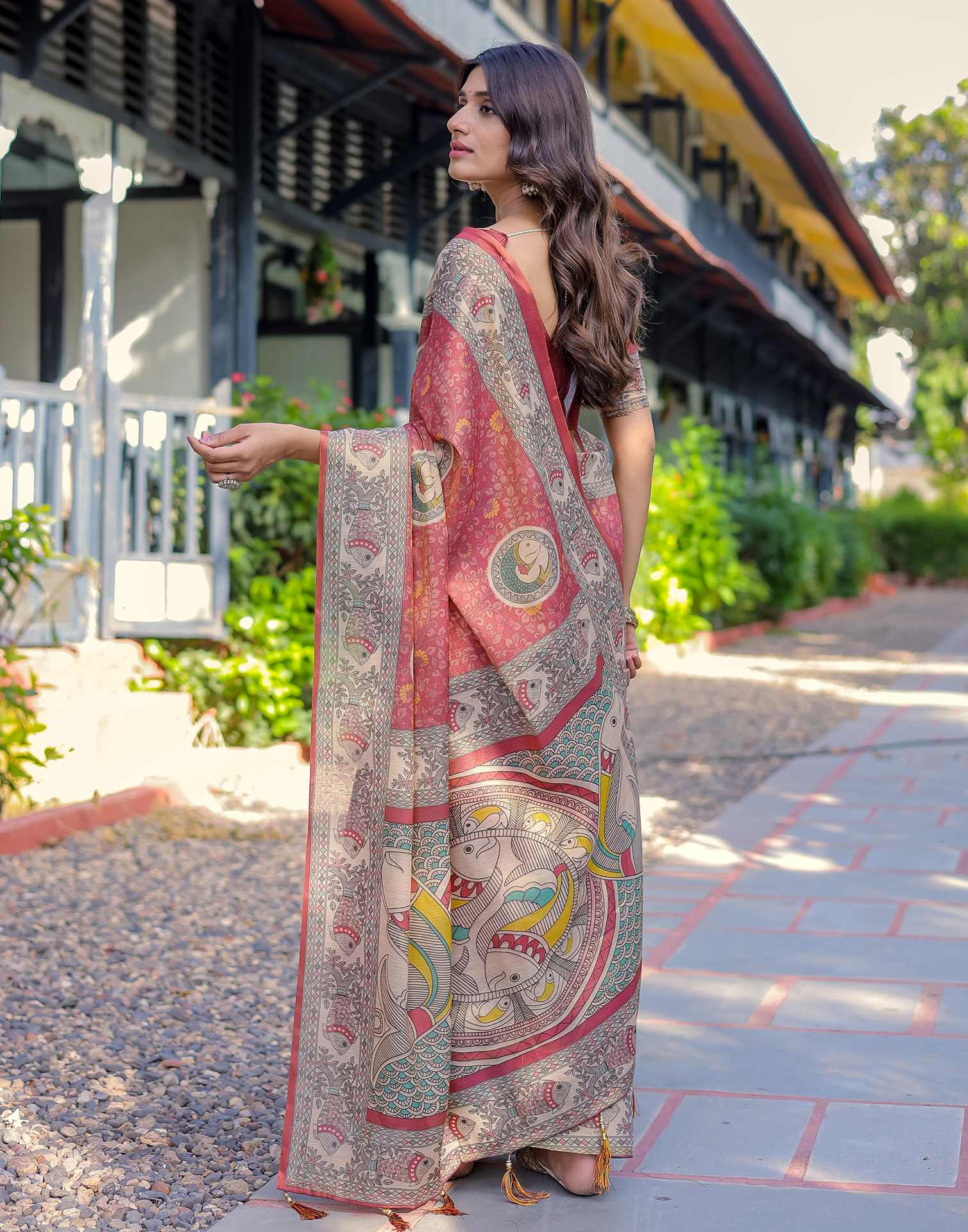 Coral Red Shimmer Silk Printed Kalamkari Saree - Image 9