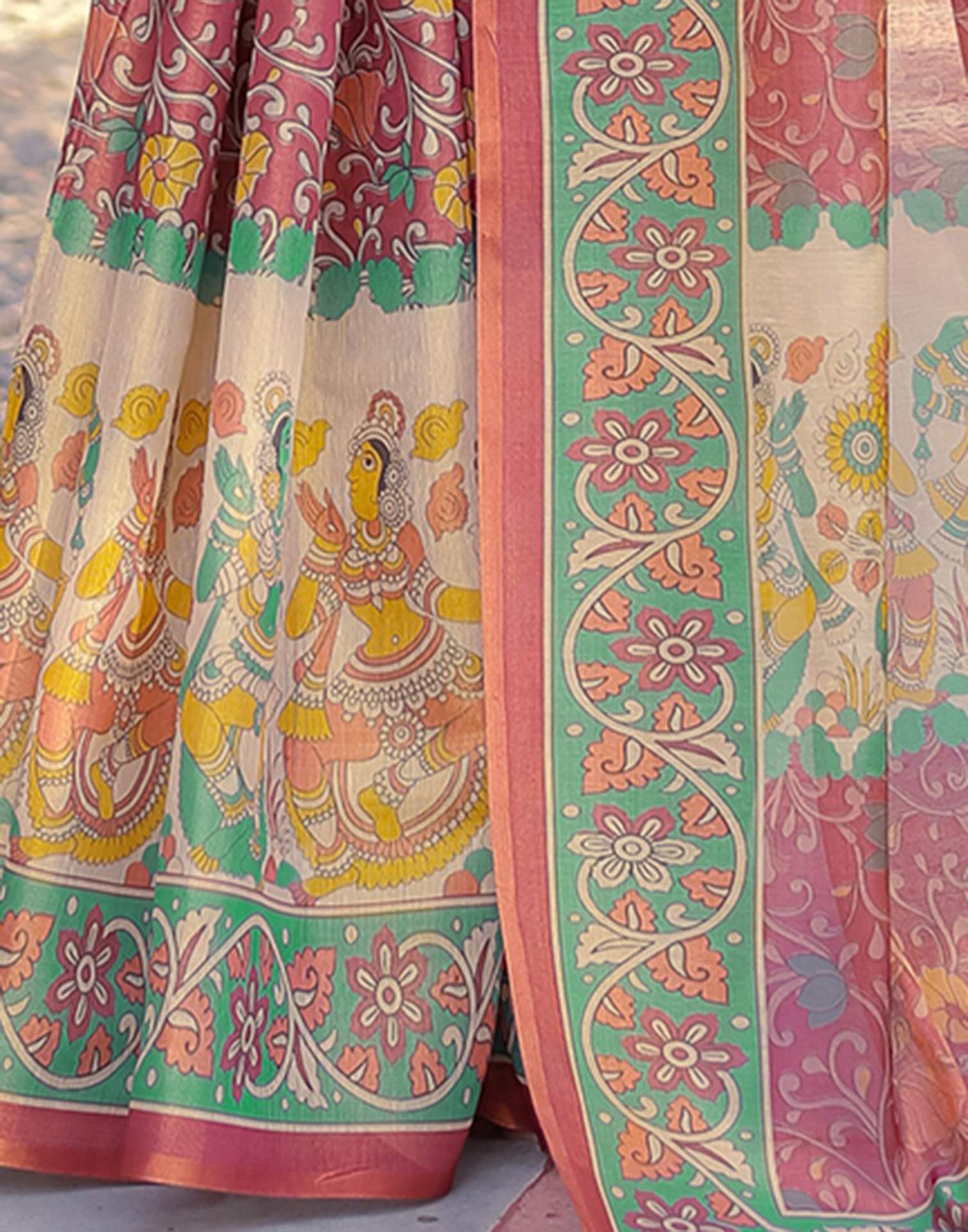 Coral Red Shimmer Silk Printed Saree - Image 11