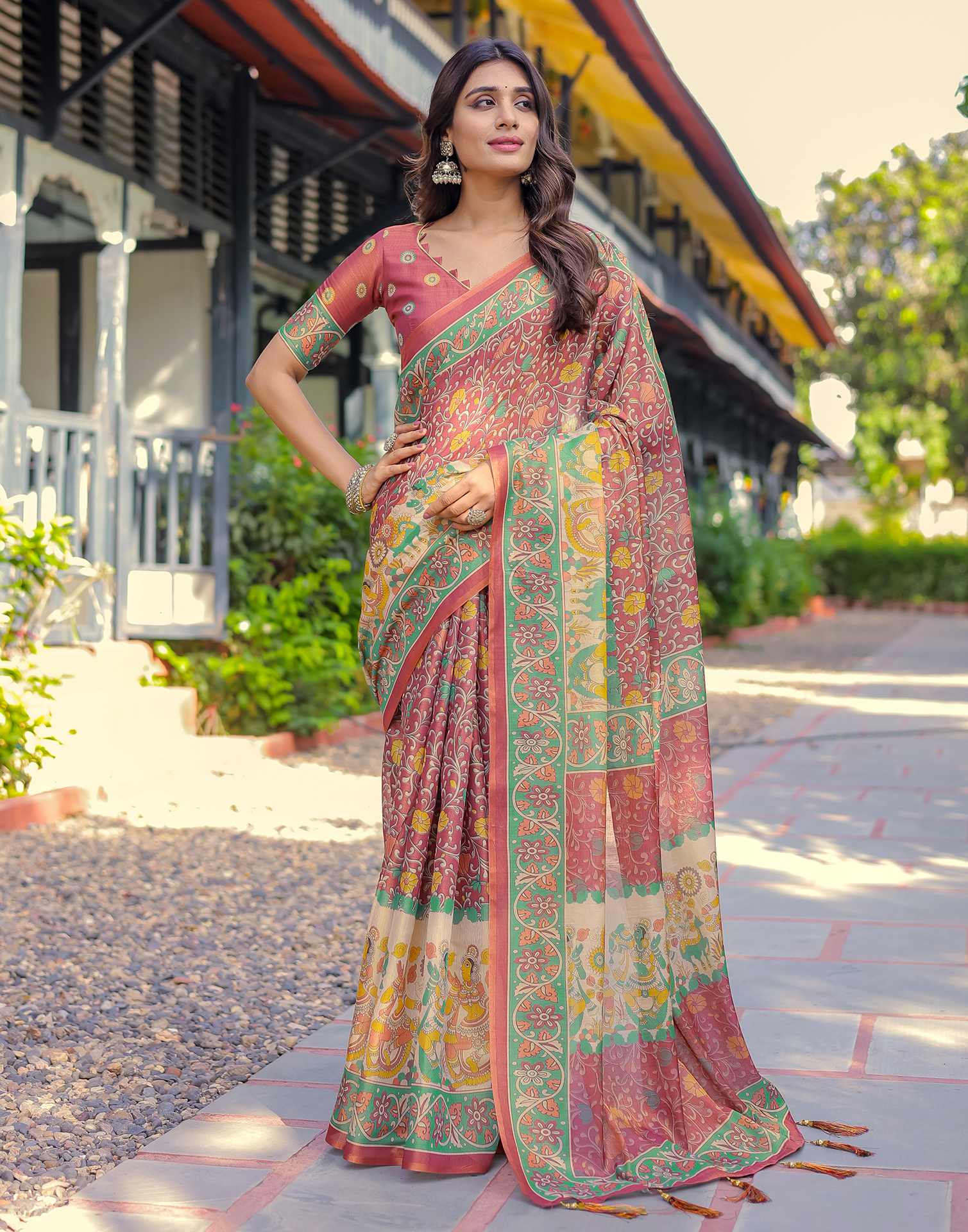 Coral Red Shimmer Silk Printed Saree - Image 6