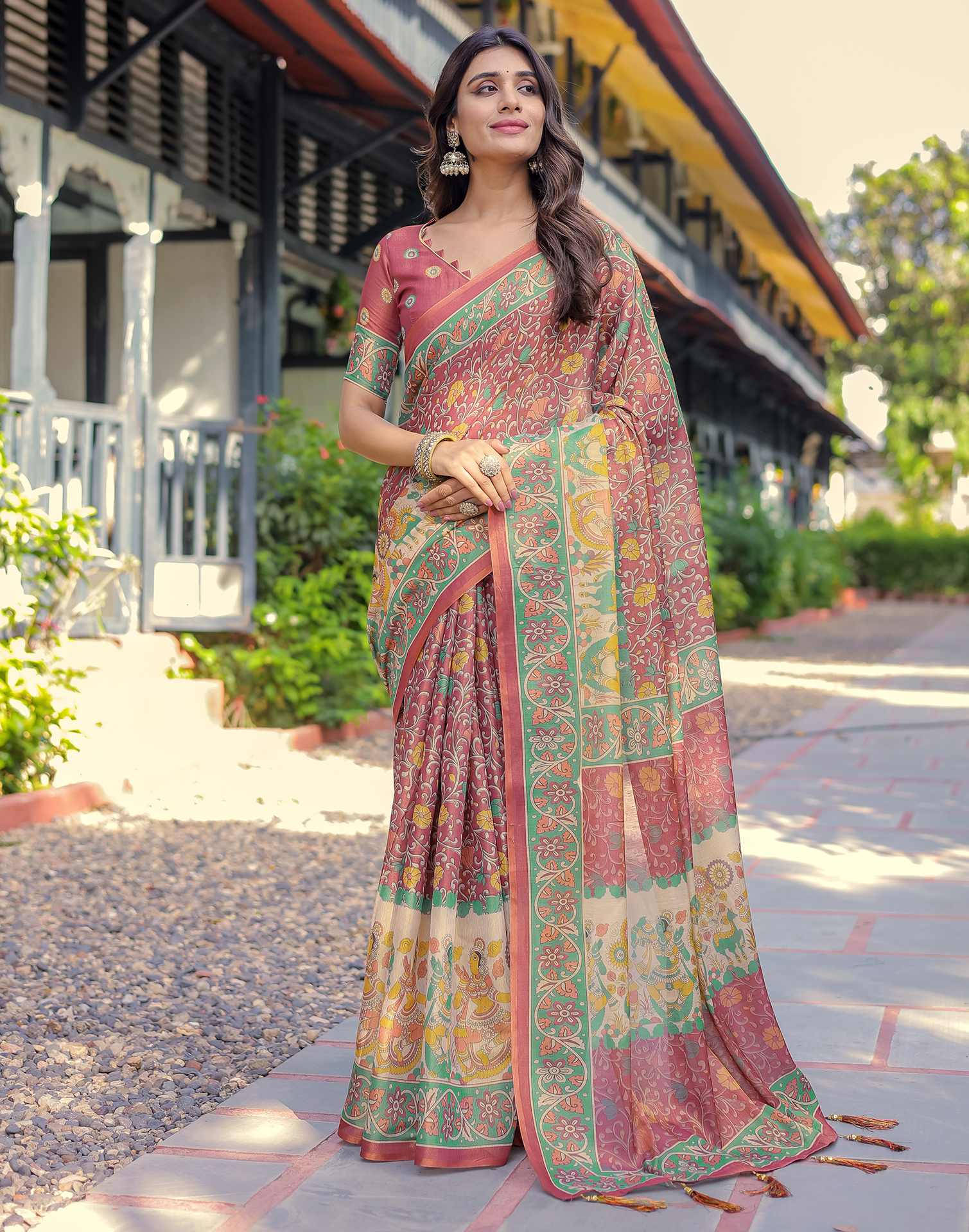 Coral Red Shimmer Silk Printed Saree - Image 9