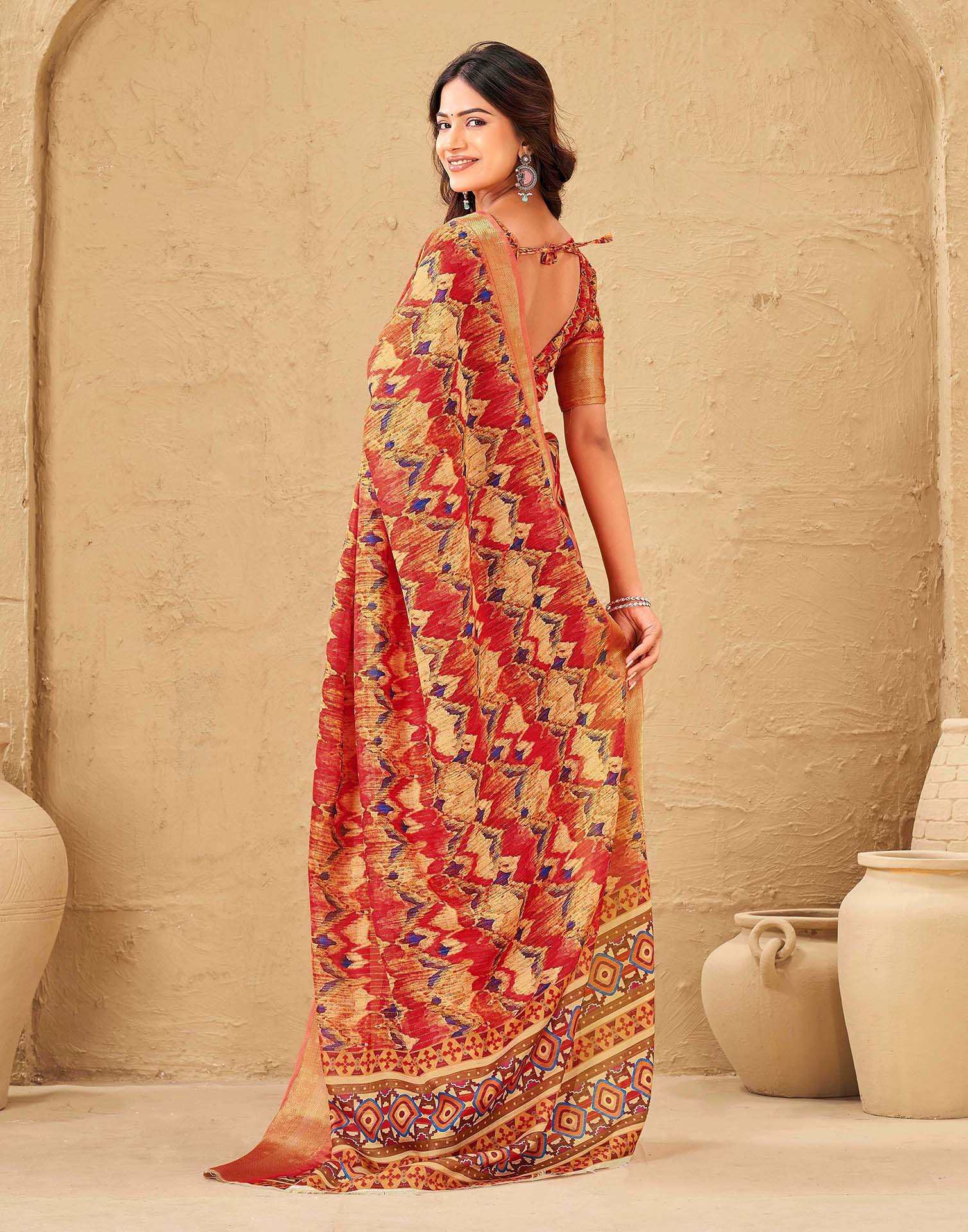 Coral Red Silk Printed Woven Border Saree - Image 6