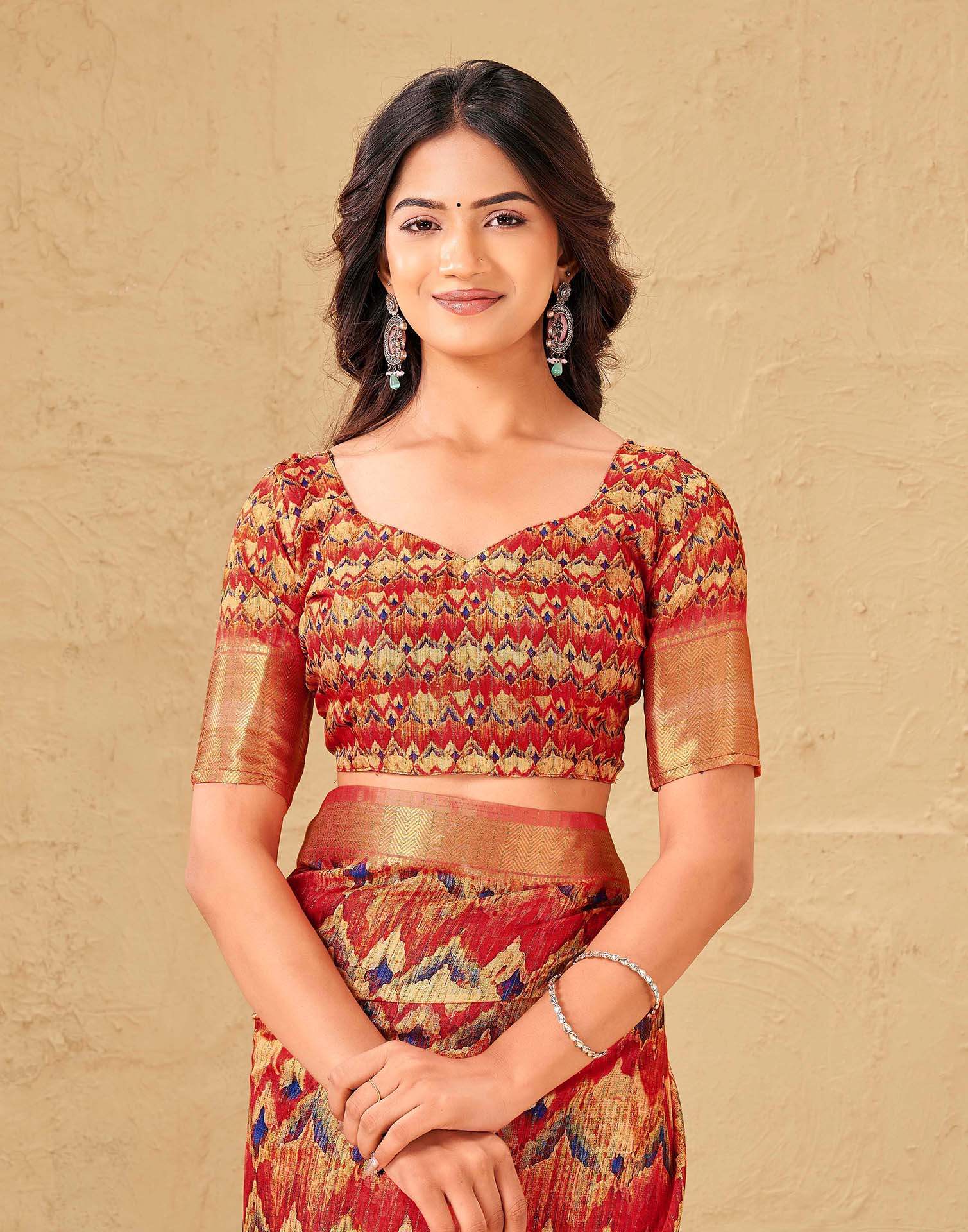 Coral Red Silk Printed Woven Border Saree - Image 8